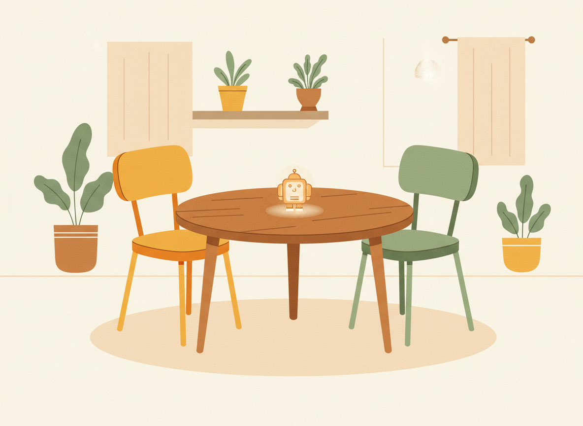 A textured flat illustration in a warm, cozy editorial style. An empty round table surrounded by a few simple chairs, with a single small glowing robot-shaped token placed at the centre as if under careful discussion. Style: Simplified, stylized forms with minimal detail. Soft organic grain texture. Muted autumnal color palette (warm yellows, oranges, browns, sage greens, cream backgrounds). Single soft light source creating subtle shadows. Flat shapes with no 3D rendering. Thin consistent outlines. Mid-century modern illustration influence. Composition: Clear focal point, balanced layout, environmental details rendered simply. Generous negative space. 16:9 landscape. Mood: Calm, warm, relatable, editorial, lifestyle. Technical: High resolution, matte finish, no harsh gradients. No text, no logos, no recognisable faces.