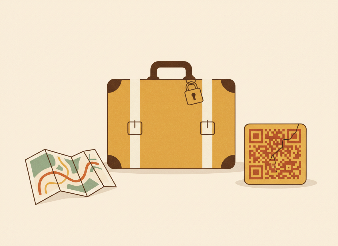 A textured flat illustration in a warm, cozy editorial style. A travel suitcase with a small padlock clipped onto its handle, beside a folded paper map and a QR code rendered as a simple patterned tile with a subtle crack running through it, suggesting a hidden risk behind an everyday travel tool. Style: Simplified, stylized forms with minimal detail. Soft organic grain texture. Muted autumnal color palette (warm yellows, oranges, browns, sage greens, cream backgrounds). Single soft light source creating subtle shadows. Flat shapes with no 3D rendering. Thin consistent outlines. Mid-century modern illustration influence. Composition: Clear focal point, balanced layout, environmental details rendered simply. Generous negative space. 16:9 landscape. Mood: Calm, warm, relatable, editorial, lifestyle. Technical: High resolution, matte finish, no harsh gradients. No text, no logos, no recognisable faces.