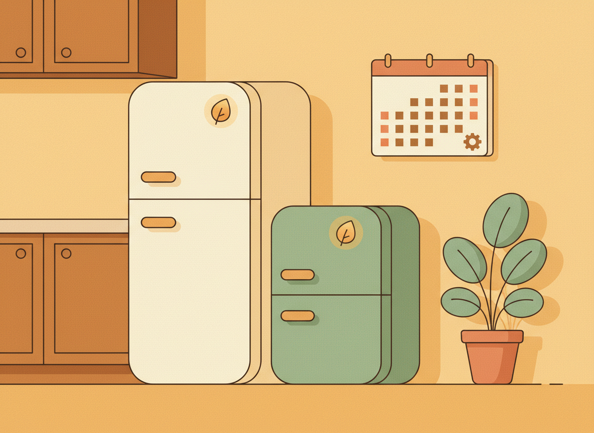 A textured flat illustration in a warm, cozy editorial style. A simplified refrigerator and air conditioner unit shown side by side in a cosy kitchen corner, each with a small glowing leaf-shaped icon suggesting intelligent sensing, with a wall calendar marked by a small gear icon for the coming year. Style: Simplified, stylized forms with minimal detail. Soft organic grain texture. Muted autumnal color palette (warm yellows, oranges, browns, sage greens, cream backgrounds). Single soft light source creating subtle shadows. Flat shapes with no 3D rendering. Thin consistent outlines. Mid-century modern illustration influence. Composition: Clear focal point, balanced layout, environmental details rendered simply. Generous negative space. 16:9 landscape. Mood: Calm, warm, relatable, editorial, lifestyle. Technical: High resolution, matte finish, no harsh gradients. No text, no logos, no recognisable faces.