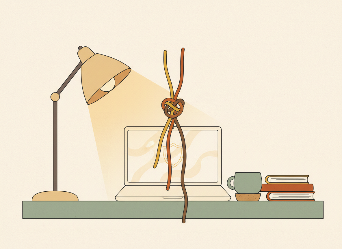 A textured flat illustration in a warm, cozy editorial style. A single desk lamp casting warm light onto three separate tangled threads converging into one knot above an open laptop, suggesting competing pressures pulling at once, with a small shield shape faintly etched on the laptop lid. Style: Simplified, stylized forms with minimal detail. Soft organic grain texture. Muted autumnal color palette (warm yellows, oranges, browns, sage greens, cream backgrounds). Single soft light source creating subtle shadows. Flat shapes with no 3D rendering. Thin consistent outlines. Mid-century modern illustration influence. Composition: Clear focal point, balanced layout, environmental details rendered simply. Generous negative space. 16:9 landscape. Mood: Calm, warm, relatable, editorial, lifestyle. Technical: High resolution, matte finish, no harsh gradients. No text, no logos, no recognisable faces.