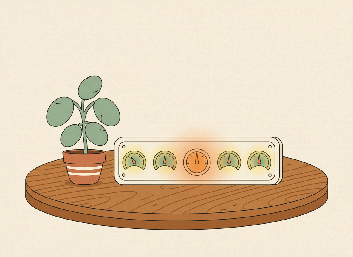 A textured flat illustration in a warm, cozy editorial style. A simplified control panel with several small dial gauges, one glowing steadily brighter than the rest to represent a region pulling ahead, set on a cosy wooden desk with a small potted plant beside it. Style: Simplified, stylized forms with minimal detail. Soft organic grain texture. Muted autumnal color palette (warm yellows, oranges, browns, sage greens, cream backgrounds). Single soft light source creating subtle shadows. Flat shapes with no 3D rendering. Thin consistent outlines. Mid-century modern illustration influence. Composition: Clear focal point, balanced layout, environmental details rendered simply. Generous negative space. 16:9 landscape. Mood: Calm, warm, relatable, editorial, lifestyle. Technical: High resolution, matte finish, no harsh gradients. No text, no logos, no recognisable faces.