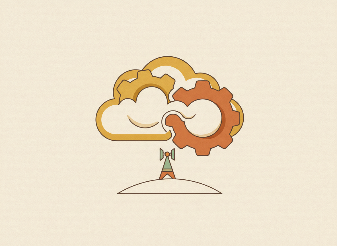 Illustration of two gears forming a cloud shape above a telecom tower, representing a long-term private cloud partnership
