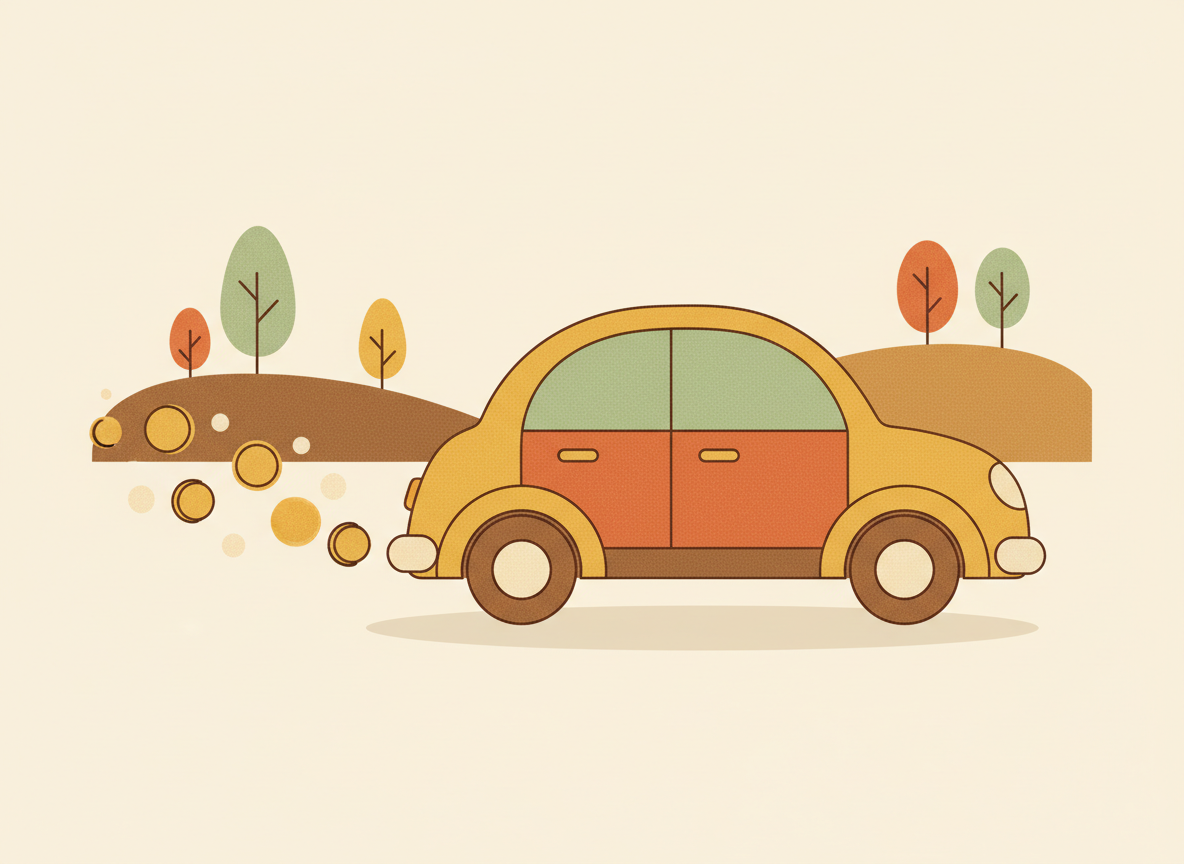 Illustration of a car with a trail of coins behind it, representing Cashback rewards on ride-hailing trips