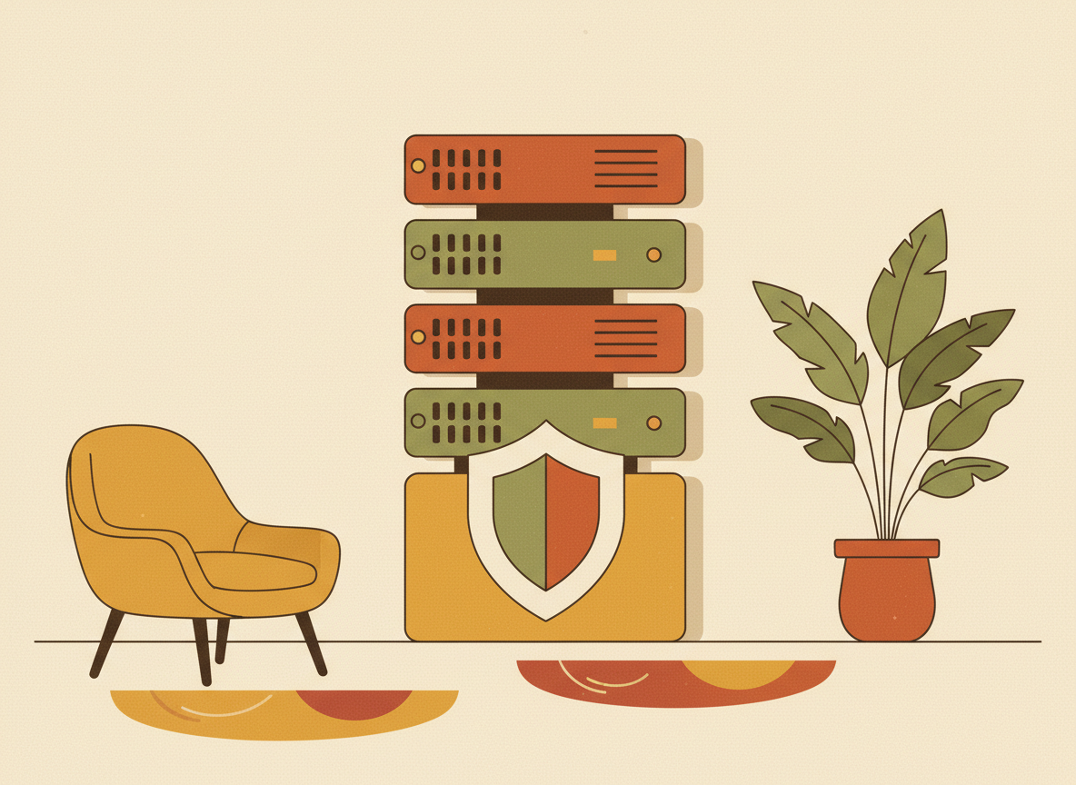 Illustration of a server rack with a shield motif built into its base, representing secure-by-default server infrastructure