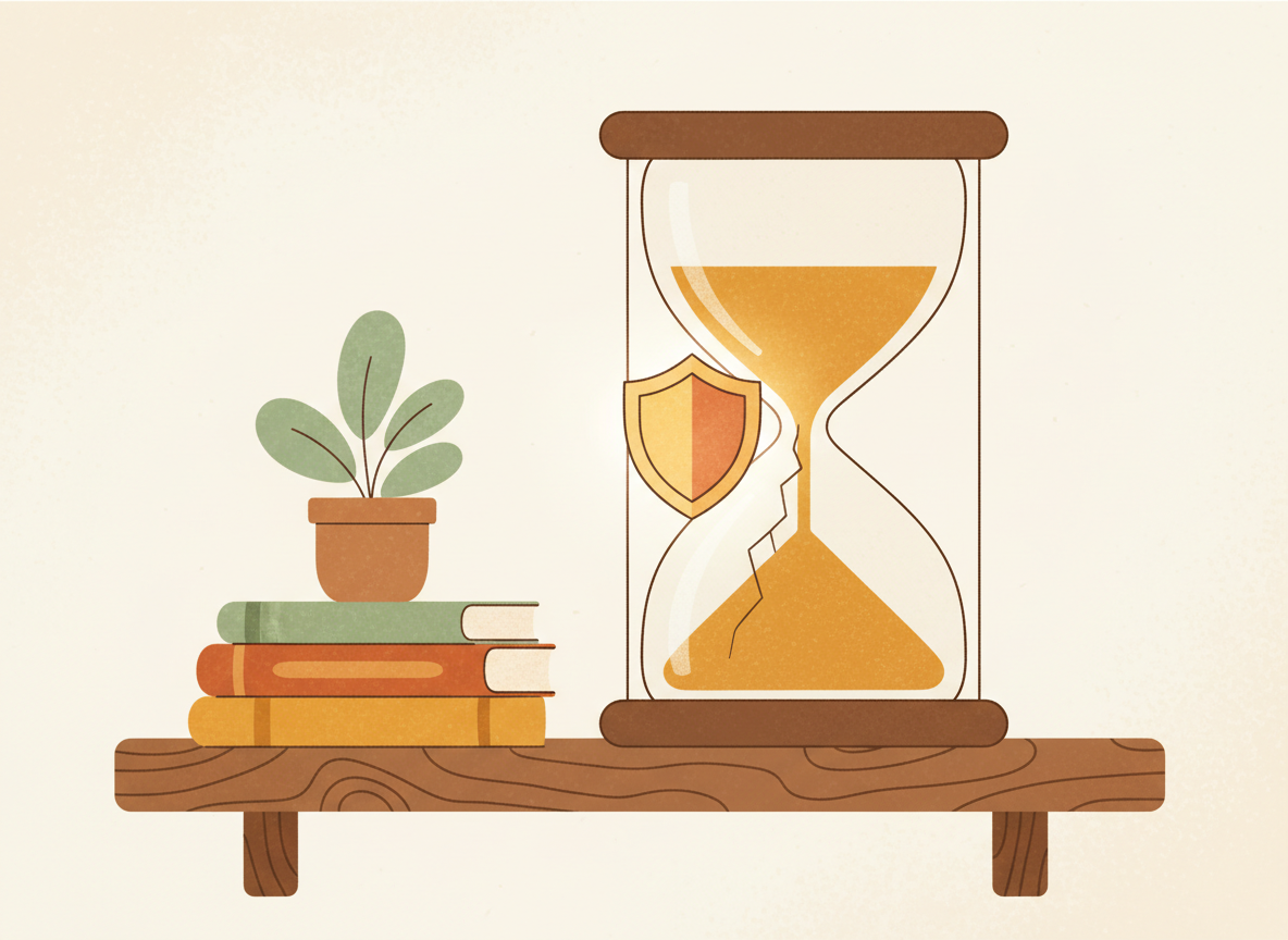 A textured flat illustration in a warm, cozy editorial style. A large hourglass sits on a wooden shelf, its sand rapidly running out, while a small shield emblem glows warmly beside it, patching over a hairline crack running down the glass. Style: Simplified, stylized forms with minimal detail. Soft organic grain texture. Muted autumnal color palette (warm yellows, oranges, browns, sage greens, cream backgrounds). Single soft light source creating subtle shadows. Flat shapes with no 3D rendering. Thin consistent outlines. Mid-century modern illustration influence. Composition: Clear focal point, balanced layout, environmental details rendered simply. Generous negative space. 16:9 landscape. Mood: Calm, warm, relatable, editorial, lifestyle. Technical: High resolution, matte finish, no harsh gradients. No text, no logos, no recognisable faces.