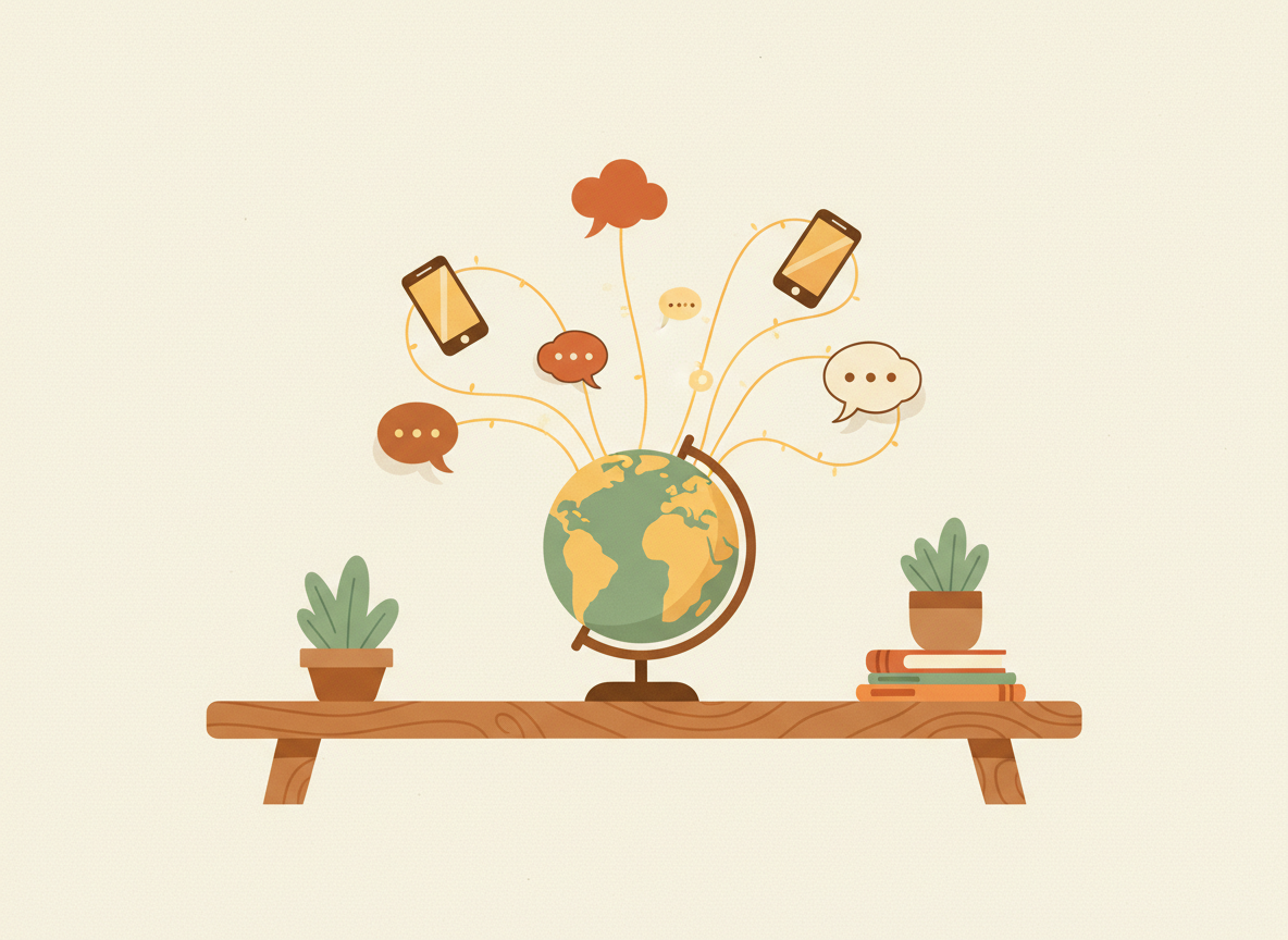 A textured flat illustration in a warm, cozy editorial style. A small globe rests on a wooden desk, with warm strands of light rising from it like string lights connecting scattered phone and chat-bubble icons floating gently above. Style: Simplified, stylized forms with minimal detail. Soft organic grain texture. Muted autumnal color palette (warm yellows, oranges, browns, sage greens, cream backgrounds). Single soft light source creating subtle shadows. Flat shapes with no 3D rendering. Thin consistent outlines. Mid-century modern illustration influence. Composition: Clear focal point, balanced layout, environmental details rendered simply. Generous negative space. 16:9 landscape. Mood: Calm, warm, relatable, editorial, lifestyle. Technical: High resolution, matte finish, no harsh gradients. No text, no logos, no recognisable faces.