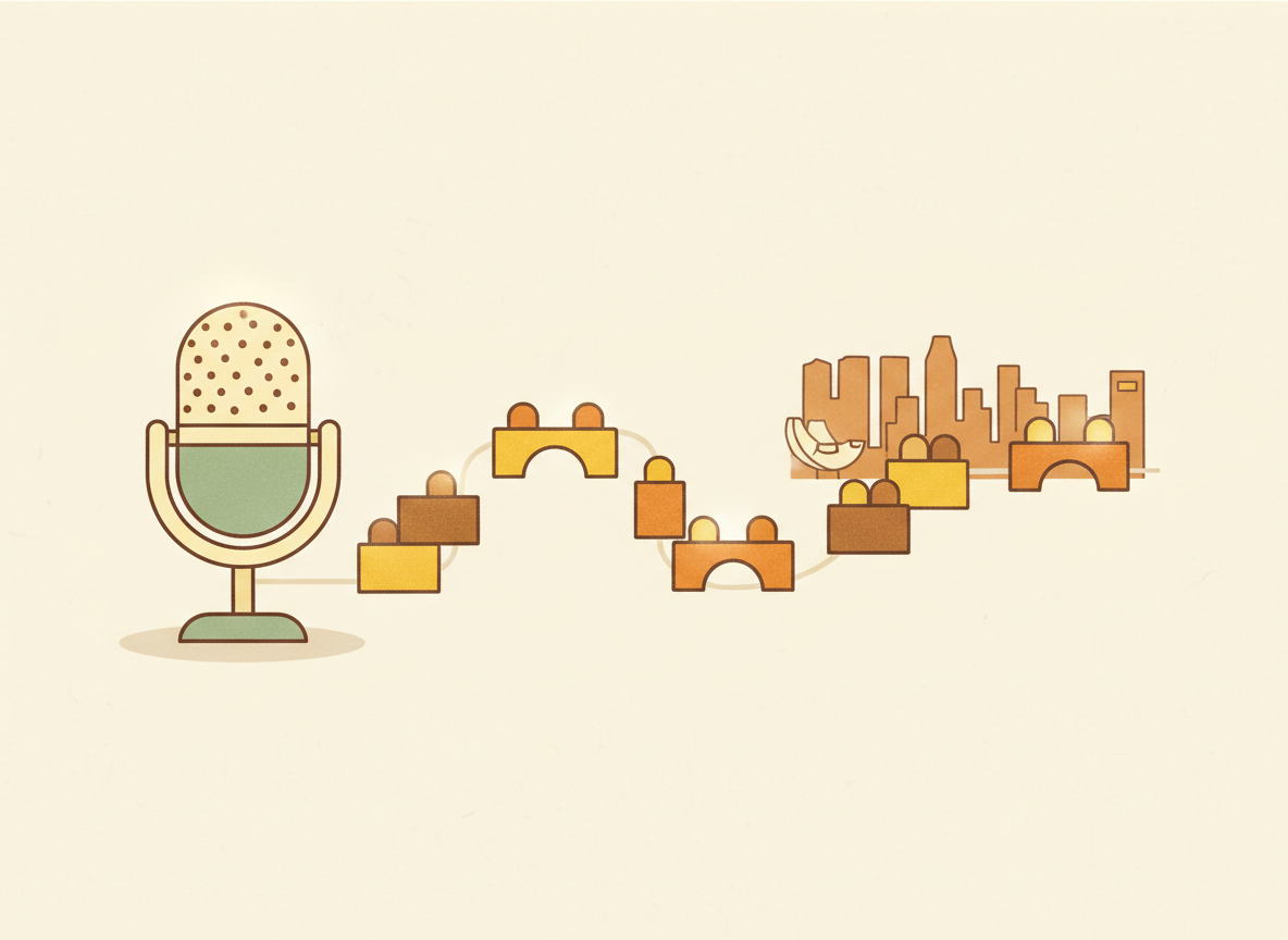 A textured flat illustration in a warm, cozy editorial style. A simple microphone sits at the start of a gently curving line of connected building blocks, each one glowing softly, flowing toward a small outline of Singapore's skyline in the background. Style: Simplified, stylized forms with minimal detail. Soft organic grain texture. Muted autumnal color palette (warm yellows, oranges, browns, sage greens, cream backgrounds). Single soft light source creating subtle shadows. Flat shapes with no 3D rendering. Thin consistent outlines. Mid-century modern illustration influence. Composition: Clear focal point, balanced layout, environmental details rendered simply. Generous negative space. 16:9 landscape. Mood: Calm, warm, relatable, editorial, lifestyle. Technical: High resolution, matte finish, no harsh gradients. No text, no logos, no recognisable faces.