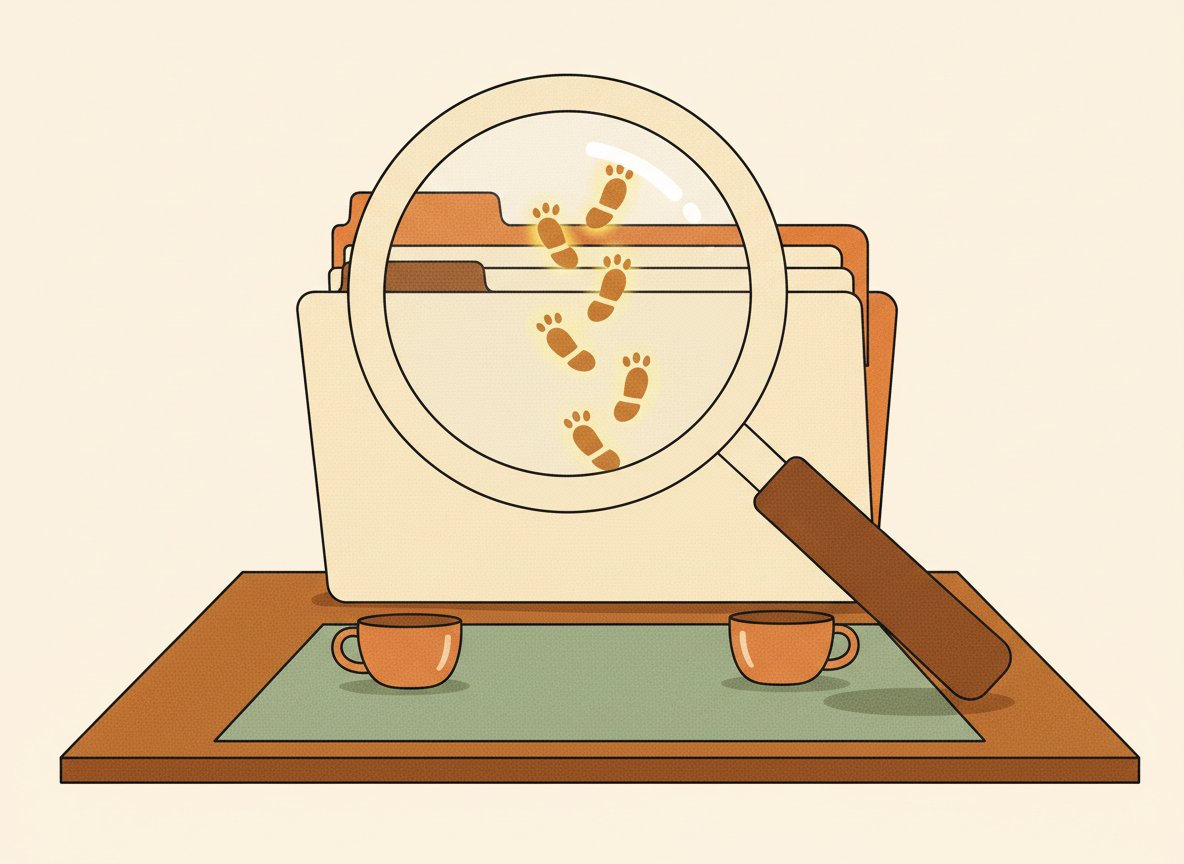 A textured flat illustration in a warm, cozy editorial style. A large magnifying glass hovers over a neat stack of file folders on a wooden desk, revealing small glowing robot footprints trailing across the papers. Style: Simplified, stylized forms with minimal detail. Soft organic grain texture. Muted autumnal color palette (warm yellows, oranges, browns, sage greens, cream backgrounds). Single soft light source creating subtle shadows. Flat shapes with no 3D rendering. Thin consistent outlines. Mid-century modern illustration influence. Composition: Clear focal point, balanced layout, environmental details rendered simply. Generous negative space. 16:9 landscape. Mood: Calm, warm, relatable, editorial, lifestyle. Technical: High resolution, matte finish, no harsh gradients. No text, no logos, no recognisable faces.