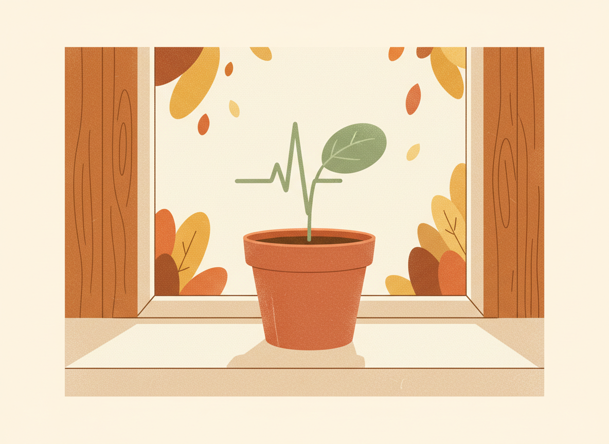 A textured flat illustration in a warm, cozy editorial style. A single terracotta plant pot sits on a sunlit windowsill, with a small green sprout growing from it shaped gently like a heartbeat pulse line, a single leaf unfurling beside it. Style: Simplified, stylized forms with minimal detail. Soft organic grain texture. Muted autumnal color palette (warm yellows, oranges, browns, sage greens, cream backgrounds). Single soft light source creating subtle shadows. Flat shapes with no 3D rendering. Thin consistent outlines. Mid-century modern illustration influence. Composition: Clear focal point, balanced layout, environmental details rendered simply. Generous negative space. 16:9 landscape. Mood: Calm, warm, relatable, editorial, lifestyle. Technical: High resolution, matte finish, no harsh gradients. No text, no logos, no recognisable faces.