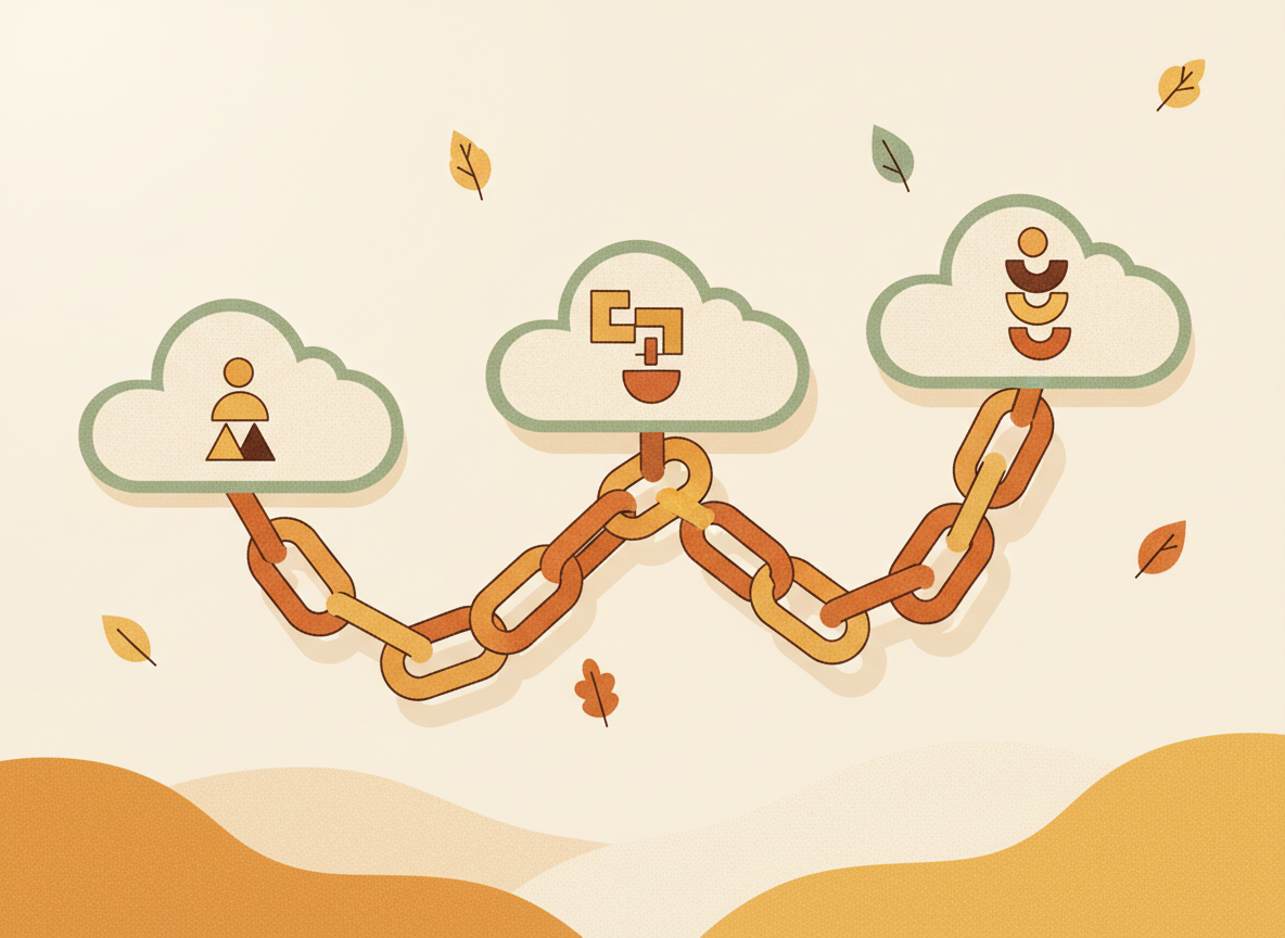 A textured flat illustration in a warm, cozy editorial style. A simple chain of geometric links stretches between a few small cloud shapes, connecting small abstract agent icons on each cloud, as a metaphor for verified trust moving across different platforms. Style: Simplified, stylized forms with minimal detail. Soft organic grain texture. Muted autumnal color palette (warm yellows, oranges, browns, sage greens, cream backgrounds). Single soft light source creating subtle shadows. Flat shapes with no 3D rendering. Thin consistent outlines. Mid-century modern illustration influence. Composition: Clear focal point, balanced layout, environmental details rendered simply. Generous negative space. 16:9 landscape. Mood: Calm, warm, relatable, editorial, lifestyle. Technical: High resolution, matte finish, no harsh gradients. No text, no logos, no recognisable faces.