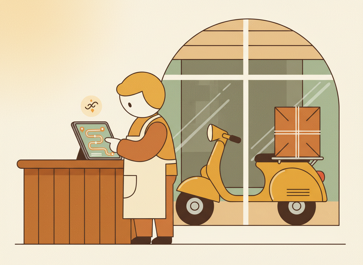 A textured flat illustration in a warm, cozy editorial style. A small shopkeeper in an apron taps a tablet showing a delivery route map, while a parcel on a scooter waits outside; a tiny AI spark icon glows above the tablet. Style: Simplified, stylized forms with minimal detail. Soft organic grain texture. Muted autumnal color palette (warm yellows, oranges, browns, sage greens, cream backgrounds). Single soft light source creating subtle shadows. Flat shapes with no 3D rendering. Thin consistent outlines. Mid-century modern illustration influence. Composition: Clear focal point, balanced layout, environmental details rendered simply. Generous negative space. 16:9 landscape. Mood: Calm, warm, relatable, editorial, lifestyle. Technical: High resolution, matte finish, no harsh gradients. No text, no logos, no recognisable faces.