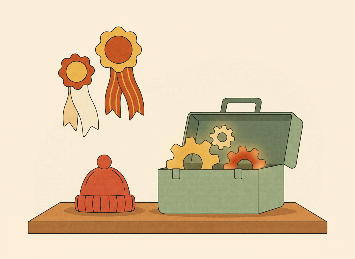 A textured flat illustration in a warm, cozy editorial style. A small red hat rests on a workbench beside an open toolbox filled with glowing gear-shaped pieces, as two award ribbons hang on the wall behind. Style: Simplified, stylized forms with minimal detail. Soft organic grain texture. Muted autumnal color palette (warm yellows, oranges, browns, sage greens, cream backgrounds). Single soft light source creating subtle shadows. Flat shapes with no 3D rendering. Thin consistent outlines. Mid-century modern illustration influence. Composition: Clear focal point, balanced layout, environmental details rendered simply. Generous negative space. 16:9 landscape. Mood: Calm, warm, relatable, editorial, lifestyle. Technical: High resolution, matte finish, no harsh gradients. No text, no logos, no recognisable faces.