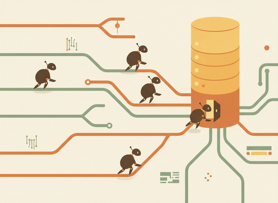 A textured flat illustration in a warm, cozy editorial style. Four small shadowy robotic figures creep along branching network lines toward a glowing server tower, one already slipping through an open door. Style: Simplified, stylized forms with minimal detail. Soft organic grain texture. Muted autumnal color palette (warm yellows, oranges, browns, sage greens, cream backgrounds). Single soft light source creating subtle shadows. Flat shapes with no 3D rendering. Thin consistent outlines. Mid-century modern illustration influence. Composition: Clear focal point, balanced layout, environmental details rendered simply. Generous negative space. 16:9 landscape. Mood: Calm, warm, relatable, editorial, lifestyle. Technical: High resolution, matte finish, no harsh gradients. No text, no logos, no recognisable faces.