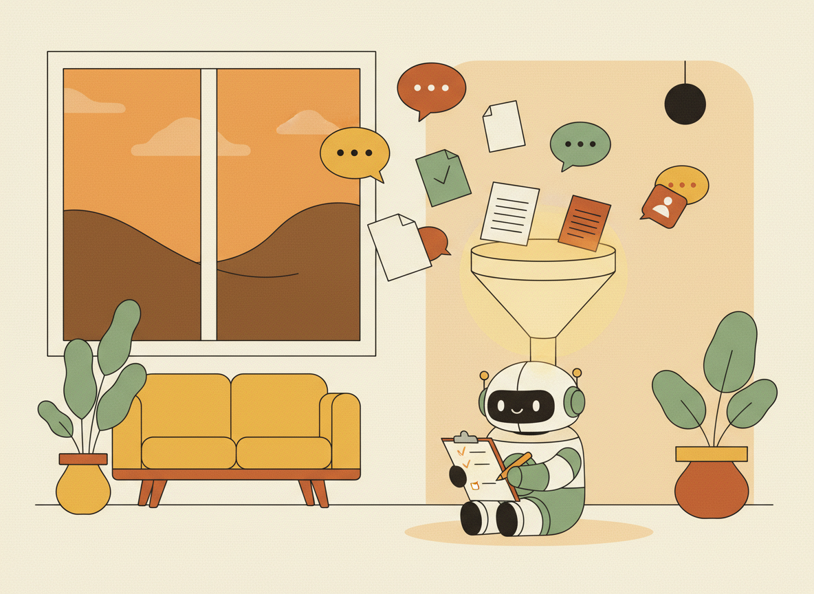 A textured flat illustration in a warm, cozy editorial style. Scattered speech bubbles, documents and chat icons float toward a single glowing funnel that feeds a small robot assistant quietly completing a checklist. Style: Simplified, stylized forms with minimal detail. Soft organic grain texture. Muted autumnal color palette (warm yellows, oranges, browns, sage greens, cream backgrounds). Single soft light source creating subtle shadows. Flat shapes with no 3D rendering. Thin consistent outlines. Mid-century modern illustration influence. Composition: Clear focal point, balanced layout, environmental details rendered simply. Generous negative space. 16:9 landscape. Mood: Calm, warm, relatable, editorial, lifestyle. Technical: High resolution, matte finish, no harsh gradients. No text, no logos, no recognisable faces.