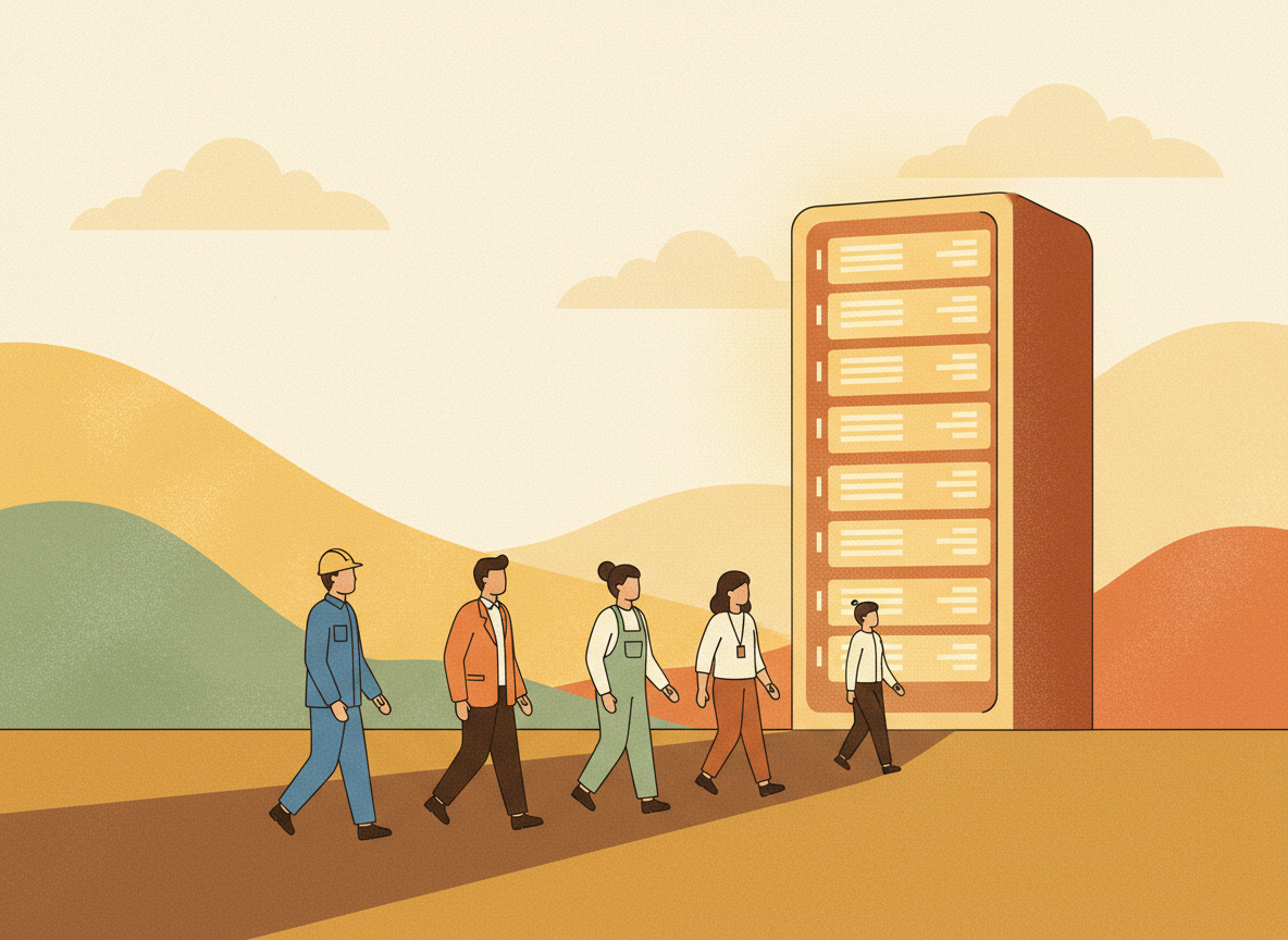 A textured flat illustration in a warm, cozy editorial style. A row of small figures in varied uniforms - hard hat, blazer, overalls, lanyard - walk toward a glowing data centre building shaped like a server rack. Style: Simplified, stylized forms with minimal detail. Soft organic grain texture. Muted autumnal color palette (warm yellows, oranges, browns, sage greens, cream backgrounds). Single soft light source creating subtle shadows. Flat shapes with no 3D rendering. Thin consistent outlines. Mid-century modern illustration influence. Composition: Clear focal point, balanced layout, environmental details rendered simply. Generous negative space. 16:9 landscape. Mood: Calm, warm, relatable, editorial, lifestyle. Technical: High resolution, matte finish, no harsh gradients. No text, no logos, no recognisable faces.
