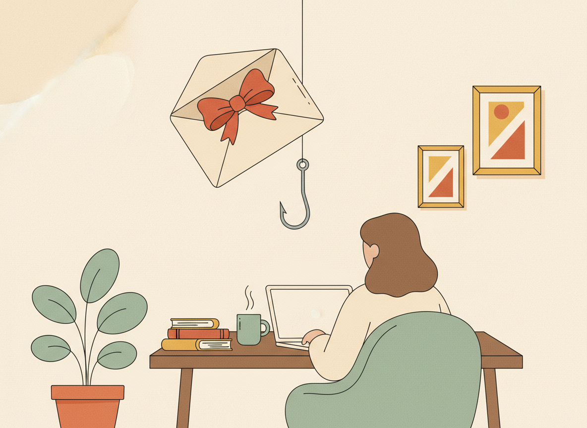 A textured flat illustration in a warm, cozy editorial style. A small envelope with a tempting red bow splits open to reveal a hidden fishhook, dangling above an unaware office worker's desk. Style: Simplified, stylized forms with minimal detail. Soft organic grain texture. Muted autumnal color palette (warm yellows, oranges, browns, sage greens, cream backgrounds). Single soft light source creating subtle shadows. Flat shapes with no 3D rendering. Thin consistent outlines. Mid-century modern illustration influence. Composition: Clear focal point, balanced layout, environmental details rendered simply. Generous negative space. 16:9 landscape. Mood: Calm, warm, relatable, editorial, lifestyle. Technical: High resolution, matte finish, no harsh gradients. No text, no logos, no recognisable faces.