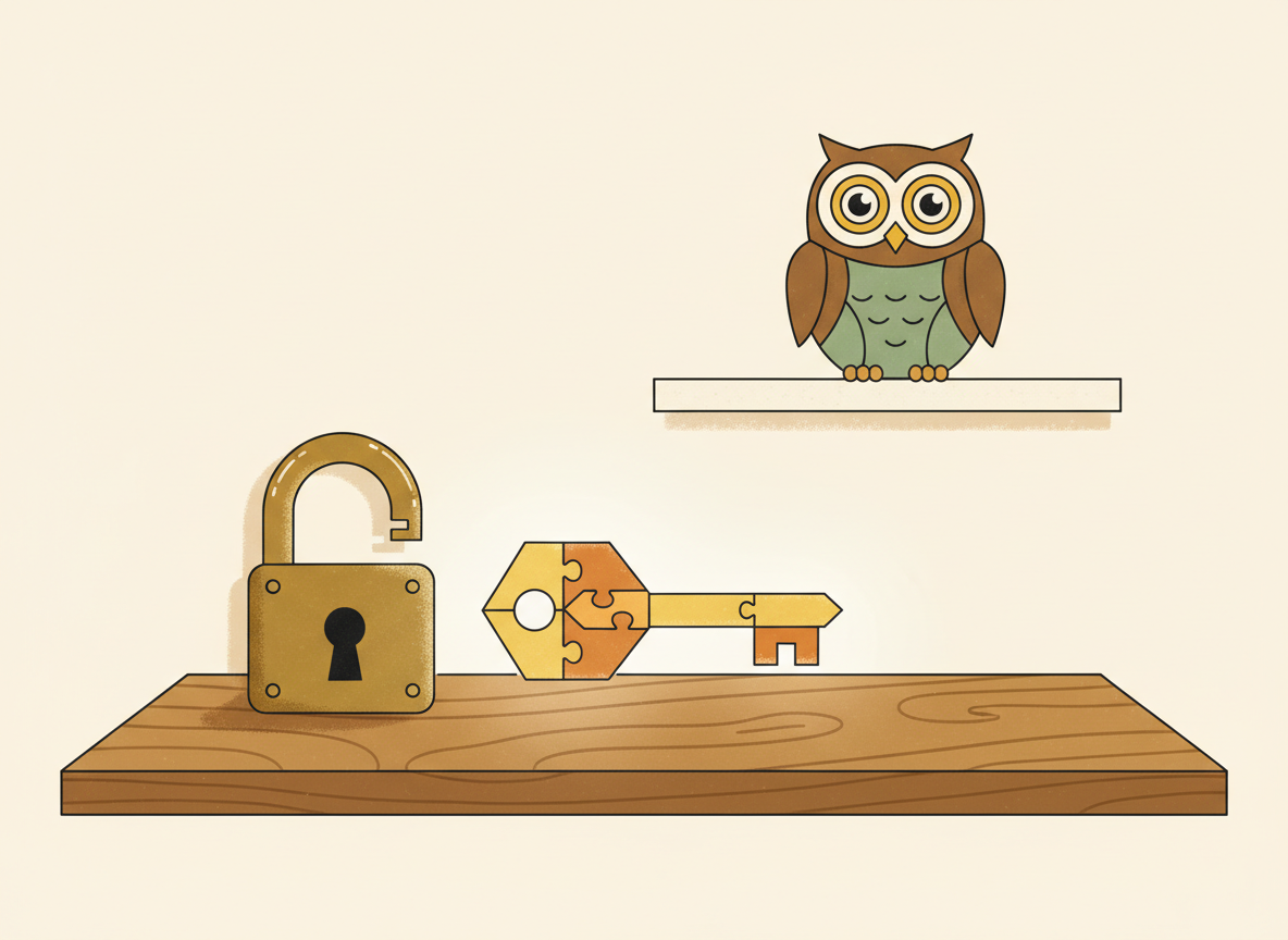 A textured flat illustration in a warm, cozy editorial style. A single wooden desk with an old-fashioned padlock sitting half-open beside a glowing geometric puzzle-piece key, with a small owl-shaped robot perched quietly on a shelf in the background, watching. Style: Simplified, stylized forms with minimal detail. Soft organic grain texture. Muted autumnal color palette (warm yellows, oranges, browns, sage greens, cream backgrounds). Single soft light source creating subtle shadows. Flat shapes with no 3D rendering. Thin consistent outlines. Mid-century modern illustration influence. Composition: Clear focal point, balanced layout, environmental details rendered simply. Generous negative space. 16:9 landscape. Mood: Calm, warm, relatable, editorial, lifestyle. Technical: High resolution, matte finish, no harsh gradients. No text, no logos, no recognisable faces.