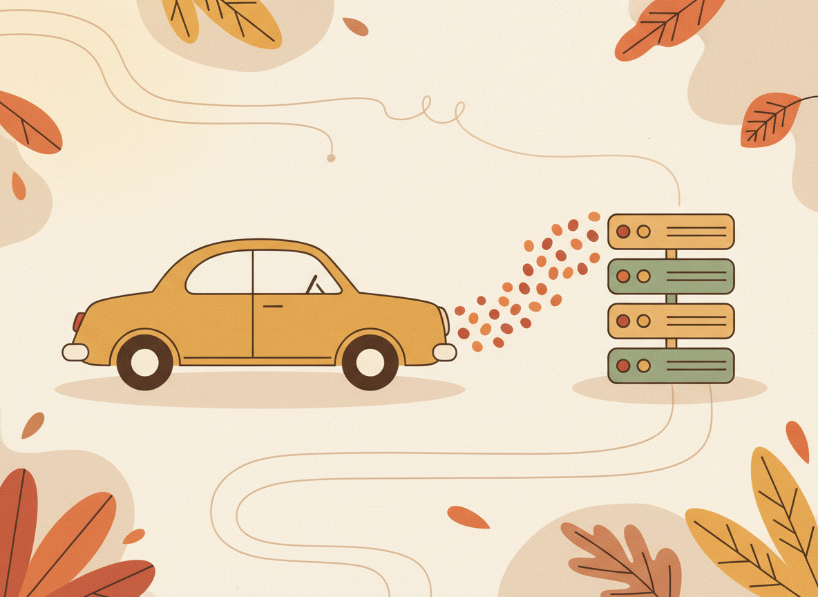A textured flat illustration in a warm, cozy editorial style. A simplified car shown in side profile with a gentle stream of small dot shapes flowing from it into a compact stack of server blocks, as a metaphor for vehicle data flowing into efficient storage. Style: Simplified, stylized forms with minimal detail. Soft organic grain texture. Muted autumnal color palette (warm yellows, oranges, browns, sage greens, cream backgrounds). Single soft light source creating subtle shadows. Flat shapes with no 3D rendering. Thin consistent outlines. Mid-century modern illustration influence. Composition: Clear focal point, balanced layout, environmental details rendered simply. Generous negative space. 16:9 landscape. Mood: Calm, warm, relatable, editorial, lifestyle. Technical: High resolution, matte finish, no harsh gradients. No text, no logos, no recognisable faces.