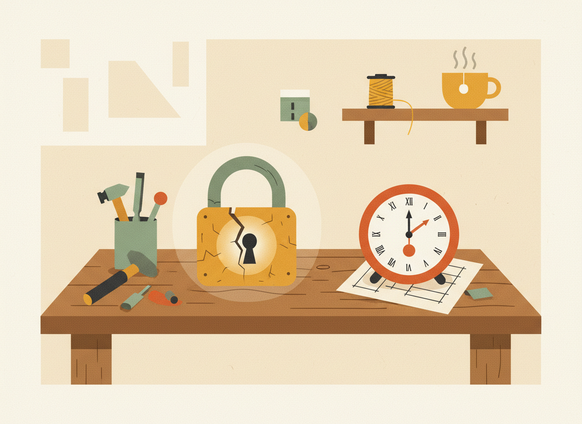 A textured flat illustration in a warm, cozy editorial style. A craftsman's workbench with a single cracked padlock being mended with a glowing patch of light, a ticking clock resting nearby to suggest urgency. Style: Simplified, stylized forms with minimal detail. Soft organic grain texture. Muted autumnal color palette (warm yellows, oranges, browns, sage greens, cream backgrounds). Single soft light source creating subtle shadows. Flat shapes with no 3D rendering. Thin consistent outlines. Mid-century modern illustration influence. Composition: Clear focal point, balanced layout, environmental details rendered simply. Generous negative space. 16:9 landscape. Mood: Calm, warm, relatable, editorial, lifestyle. Technical: High resolution, matte finish, no harsh gradients. No text, no logos, no recognisable faces.