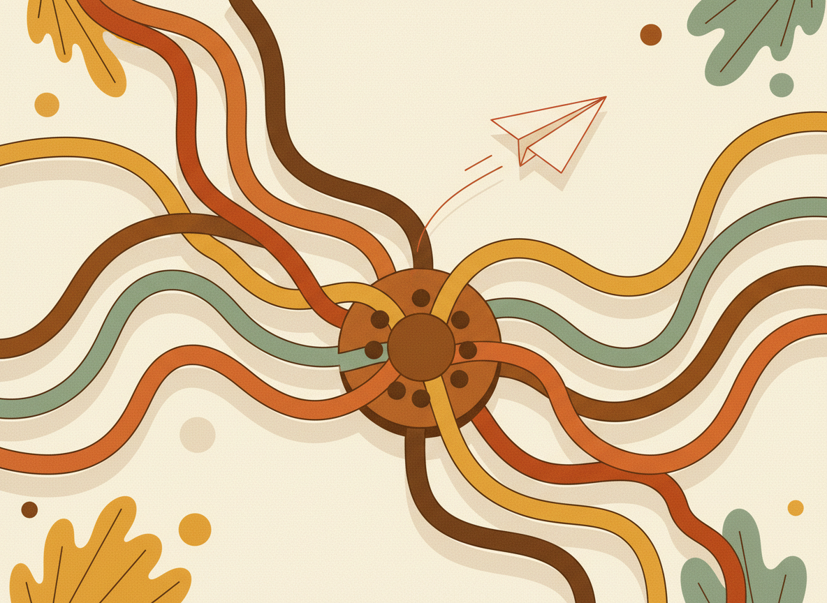 A textured flat illustration in a warm, cozy editorial style. A vintage switchboard with many winding cables converging neatly into one central hub, a small paper airplane mid-flight above it suggesting speed. Style: Simplified, stylized forms with minimal detail. Soft organic grain texture. Muted autumnal color palette (warm yellows, oranges, browns, sage greens, cream backgrounds). Single soft light source creating subtle shadows. Flat shapes with no 3D rendering. Thin consistent outlines. Mid-century modern illustration influence. Composition: Clear focal point, balanced layout, environmental details rendered simply. Generous negative space. 16:9 landscape. Mood: Calm, warm, relatable, editorial, lifestyle. Technical: High resolution, matte finish, no harsh gradients. No text, no logos, no recognisable faces.