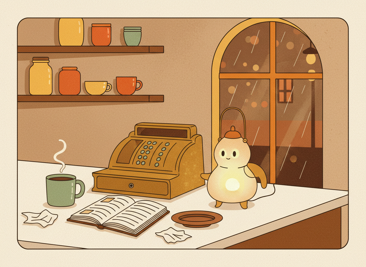 A textured flat illustration in a warm, cozy editorial style. A cosy cafe counter at closing time, with a single ledger book and a small glowing lantern shaped like a helpful assistant resting beside the till. Style: Simplified, stylized forms with minimal detail. Soft organic grain texture. Muted autumnal color palette (warm yellows, oranges, browns, sage greens, cream backgrounds). Single soft light source creating subtle shadows. Flat shapes with no 3D rendering. Thin consistent outlines. Mid-century modern illustration influence. Composition: Clear focal point, balanced layout, environmental details rendered simply. Generous negative space. 16:9 landscape. Mood: Calm, warm, relatable, editorial, lifestyle. Technical: High resolution, matte finish, no harsh gradients. No text, no logos, no recognisable faces.