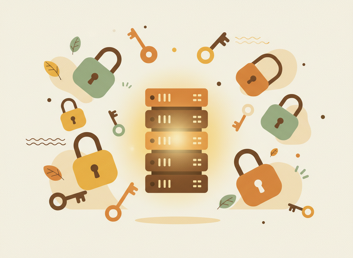 A textured flat illustration in a warm, cozy editorial style. A single glowing server tower surrounded by scattered simplified padlocks and keys without visible owners, suggesting unmanaged digital identities drifting around it. Style: Simplified, stylized forms with minimal detail. Soft organic grain texture. Muted autumnal color palette (warm yellows, oranges, browns, sage greens, cream backgrounds). Single soft light source creating subtle shadows. Flat shapes with no 3D rendering. Thin consistent outlines. Mid-century modern illustration influence. Composition: Clear focal point, balanced layout, environmental details rendered simply. Generous negative space. 16:9 landscape. Mood: Calm, warm, relatable, editorial, lifestyle. Technical: High resolution, matte finish, no harsh gradients. No text, no logos, no recognisable faces.