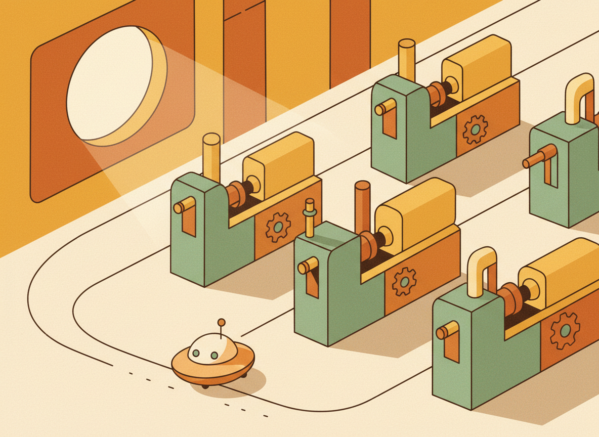 A textured flat illustration in a warm, cozy editorial style. A simplified factory floor viewed from above, with a small round patrol robot gliding past rows of machinery and a single glowing control-room window watching over the scene. Style: Simplified, stylized forms with minimal detail. Soft organic grain texture. Muted autumnal color palette (warm yellows, oranges, browns, sage greens, cream backgrounds). Single soft light source creating subtle shadows. Flat shapes with no 3D rendering. Thin consistent outlines. Mid-century modern illustration influence. Composition: Clear focal point, balanced layout, environmental details rendered simply. Generous negative space. 16:9 landscape. Mood: Calm, warm, relatable, editorial, lifestyle. Technical: High resolution, matte finish, no harsh gradients. No text, no logos, no recognisable faces.