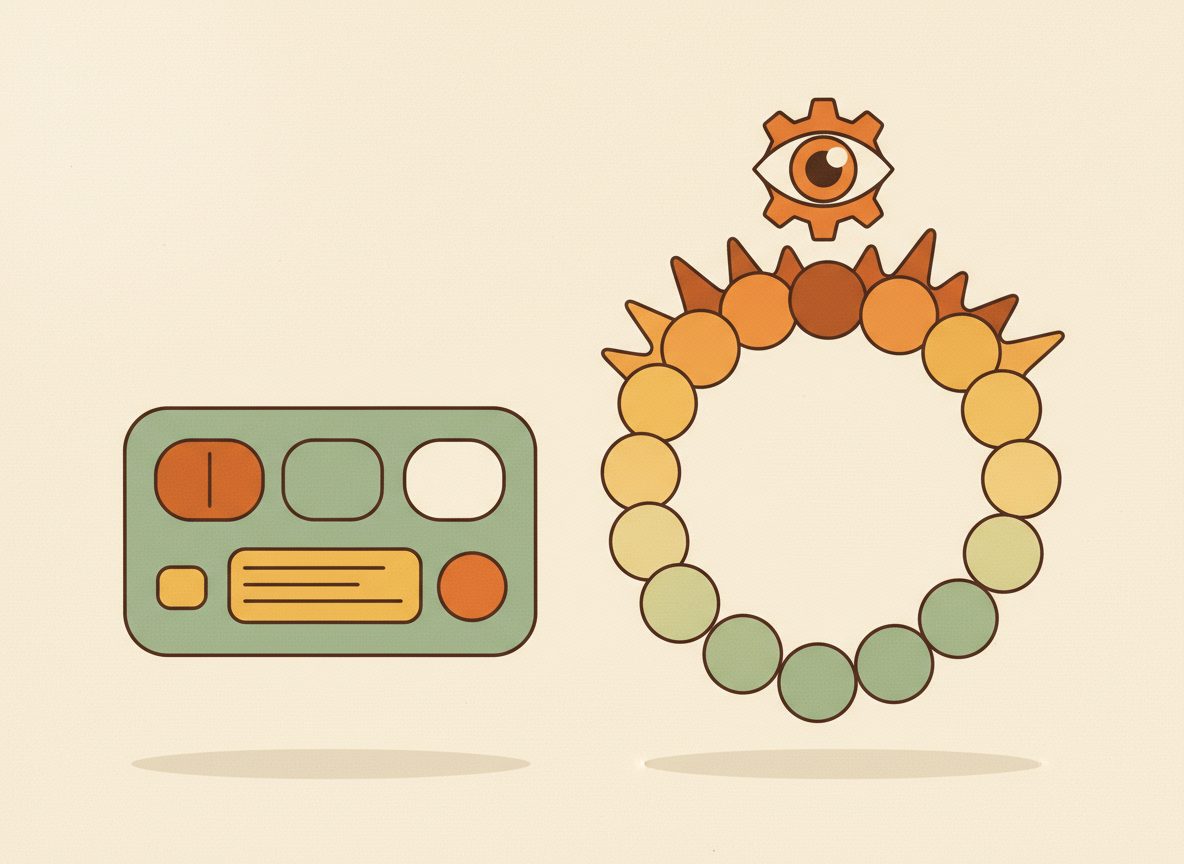 A textured flat illustration in a warm, cozy editorial style. A simple dashboard panel sits beside a loop shape made of small circles that fade from agitated to calm, with a single gear-and-eye icon watching over the loop, as a metaphor for AI calming a cycle of alerts. Style: Simplified, stylized forms with minimal detail. Soft organic grain texture. Muted autumnal color palette (warm yellows, oranges, browns, sage greens, cream backgrounds). Single soft light source creating subtle shadows. Flat shapes with no 3D rendering. Thin consistent outlines. Mid-century modern illustration influence. Composition: Clear focal point, balanced layout, environmental details rendered simply. Generous negative space. 16:9 landscape. Mood: Calm, warm, relatable, editorial, lifestyle. Technical: High resolution, matte finish, no harsh gradients. No text, no logos, no recognisable faces.