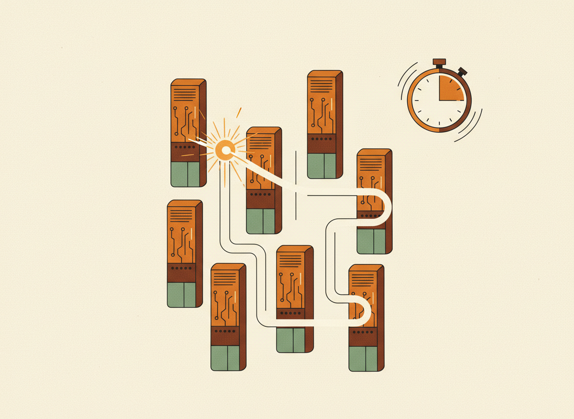 A textured flat illustration in a warm, cozy editorial style. A single luminous spark, representing an autonomous AI agent, weaving rapidly through a maze of stylised server towers, leaving a thin glowing trail behind it; a small stopwatch in the corner shows its hands spinning quickly, symbolising how fast the agent moves through the network. Style: Simplified, stylized forms with minimal detail. Soft organic grain texture. Muted autumnal color palette (warm yellows, oranges, browns, sage greens, cream backgrounds). Single soft light source creating subtle shadows. Flat shapes with no 3D rendering. Thin consistent outlines. Mid-century modern illustration influence. Composition: Clear focal point, balanced layout, environmental details rendered simply. Generous negative space. 16:9 landscape. Mood: Calm, warm, relatable, editorial, lifestyle. Technical: High resolution, matte finish, no harsh gradients. No text, no logos, no recognisable faces.