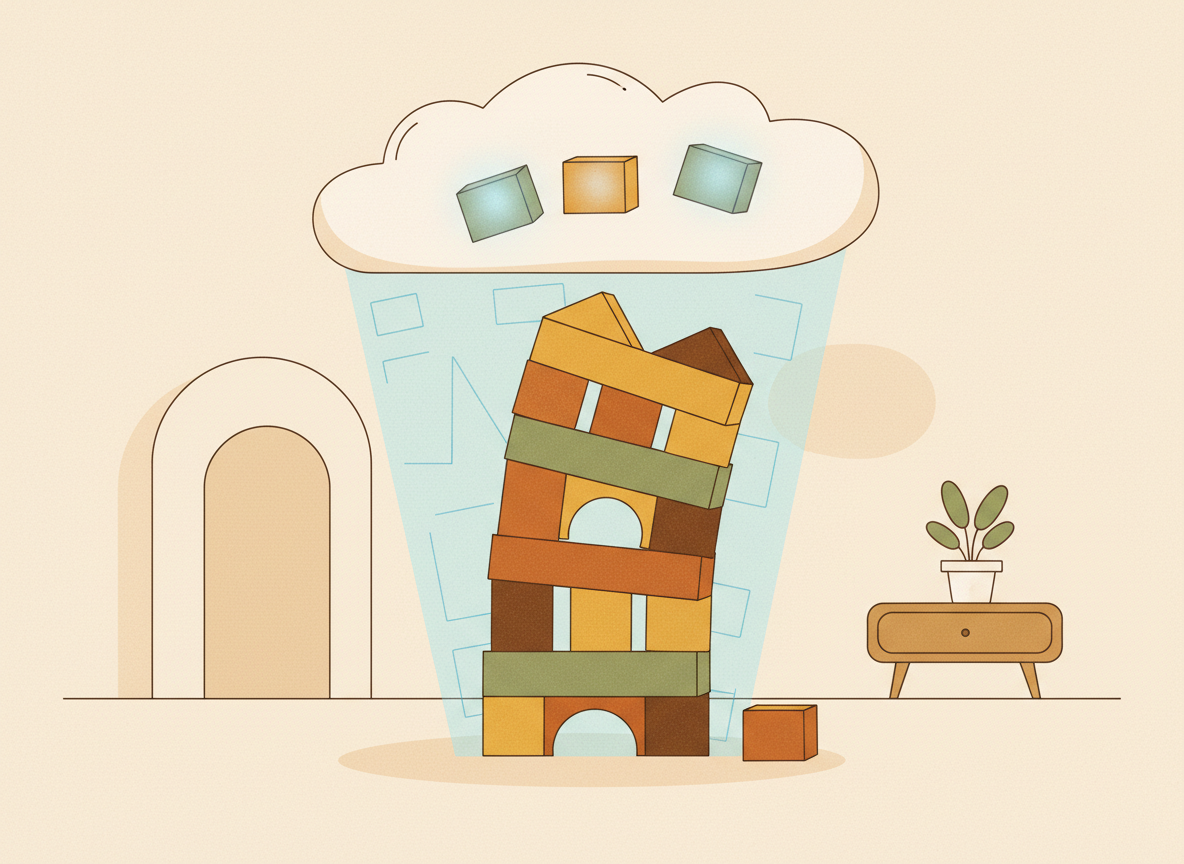 A textured flat illustration in a warm, cozy editorial style. A single building block tower that has been knocked slightly askew, being carefully rebuilt by a glowing blueprint overlay that shows exactly where each block should go, with a small cloud shape floating above holding the last few blocks. Style: Simplified, stylized forms with minimal detail. Soft organic grain texture. Muted autumnal color palette (warm yellows, oranges, browns, sage greens, cream backgrounds). Single soft light source creating subtle shadows. Flat shapes with no 3D rendering. Thin consistent outlines. Mid-century modern illustration influence. Composition: Clear focal point, balanced layout, environmental details rendered simply. Generous negative space. 16:9 landscape. Mood: Calm, warm, relatable, editorial, lifestyle. Technical: High resolution, matte finish, no harsh gradients. No text, no logos, no recognisable faces.