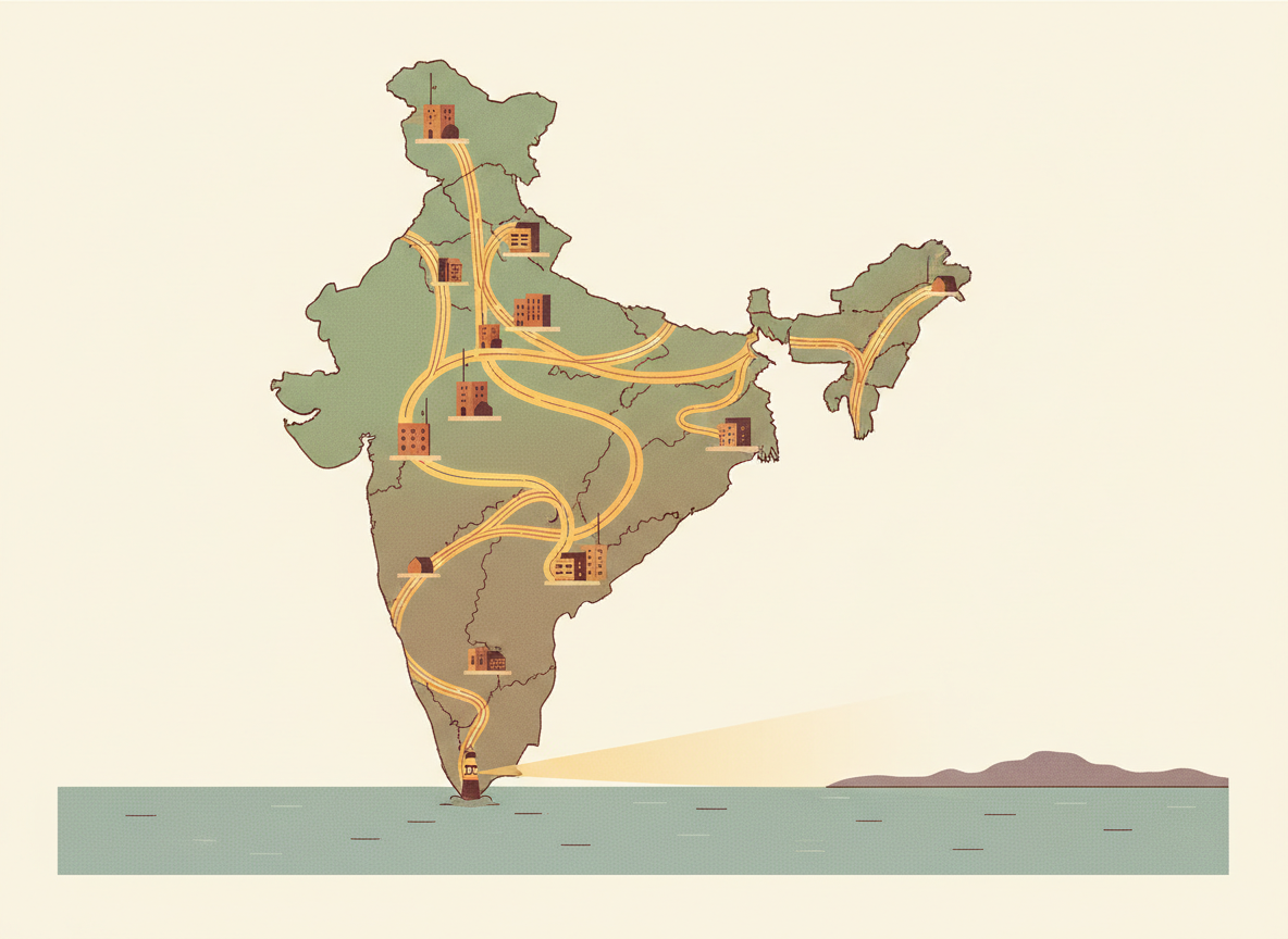 A textured flat illustration in a warm, cozy editorial style. A long glowing highway made of fibre-optic light stretches across a simplified map of India toward the sea, connecting a cluster of small data-centre buildings along the way, with a tiny lighthouse-like beacon at the coast pointing out across the water toward a distant shoreline. Style: Simplified, stylized forms with minimal detail. Soft organic grain texture. Muted autumnal color palette (warm yellows, oranges, browns, sage greens, cream backgrounds). Single soft light source creating subtle shadows. Flat shapes with no 3D rendering. Thin consistent outlines. Mid-century modern illustration influence. Composition: Clear focal point, balanced layout, environmental details rendered simply. Generous negative space. 16:9 landscape. Mood: Calm, warm, relatable, editorial, lifestyle. Technical: High resolution, matte finish, no harsh gradients. No text, no logos, no recognisable faces.