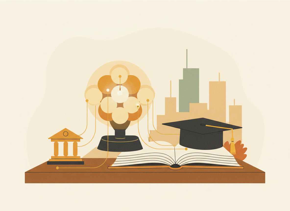 A textured flat illustration in a warm, cozy editorial style. A small glowing quantum computer, shaped like a simplified chandelier of soft orbs, sits on a university desk beside an open book and a graduation cap, with thin golden threads connecting the orbs to a tiny bank-building icon and a cityscape in the background to show real-world use. Style: Simplified, stylized forms with minimal detail. Soft organic grain texture. Muted autumnal color palette (warm yellows, oranges, browns, sage greens, cream backgrounds). Single soft light source creating subtle shadows. Flat shapes with no 3D rendering. Thin consistent outlines. Mid-century modern illustration influence. Composition: Clear focal point, balanced layout, environmental details rendered simply. Generous negative space. 16:9 landscape. Mood: Calm, warm, relatable, editorial, lifestyle. Technical: High resolution, matte finish, no harsh gradients. No text, no logos, no recognisable faces.