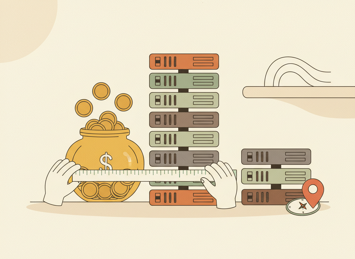 A textured flat illustration in a warm, cozy editorial style. A single overflowing wallet or coin jar sits beside a rapidly growing stack of server blocks, with a small pair of hands carefully resizing the stack down to a tidier, more balanced height using a measuring tape, while a tiny compass on the desk points toward a stylised map pin to suggest where data is allowed to live. Style: Simplified, stylized forms with minimal detail. Soft organic grain texture. Muted autumnal color palette (warm yellows, oranges, browns, sage greens, cream backgrounds). Single soft light source creating subtle shadows. Flat shapes with no 3D rendering. Thin consistent outlines. Mid-century modern illustration influence. Composition: Clear focal point, balanced layout, environmental details rendered simply. Generous negative space. 16:9 landscape. Mood: Calm, warm, relatable, editorial, lifestyle. Technical: High resolution, matte finish, no harsh gradients. No text, no logos, no recognisable faces.