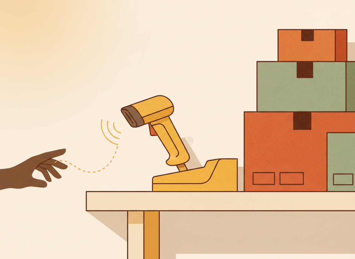 A textured flat illustration in a warm, cozy editorial style. A simple handheld barcode scanner rests on a warehouse shelf, with a thin invisible wireless signal line drawn between it and its base station, and a small shadowy silhouette of an unseen hand reaching toward that signal line from just outside the shelf's edge, while stacked boxes wait quietly in the background. Style: Simplified, stylized forms with minimal detail. Soft organic grain texture. Muted autumnal color palette (warm yellows, oranges, browns, sage greens, cream backgrounds). Single soft light source creating subtle shadows. Flat shapes with no 3D rendering. Thin consistent outlines. Mid-century modern illustration influence. Composition: Clear focal point, balanced layout, environmental details rendered simply. Generous negative space. 16:9 landscape. Mood: Calm, warm, relatable, editorial, lifestyle. Technical: High resolution, matte finish, no harsh gradients. No text, no logos, no recognisable faces.