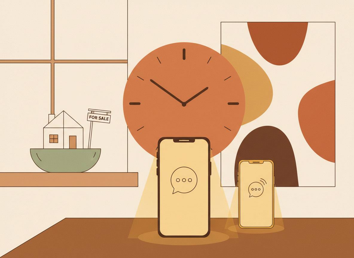 A textured flat illustration in a warm, cozy editorial style. A single phone screen glows on a desk showing a chat bubble icon, with a large clock face behind it whose hands have spun far past two hours while a small paper house-for-sale sign waits patiently outside the window, and a second smaller phone beside it shows a reply bubble appearing almost instantly. Style: Simplified, stylized forms with minimal detail. Soft organic grain texture. Muted autumnal color palette (warm yellows, oranges, browns, sage greens, cream backgrounds). Single soft light source creating subtle shadows. Flat shapes with no 3D rendering. Thin consistent outlines. Mid-century modern illustration influence. Composition: Clear focal point, balanced layout, environmental details rendered simply. Generous negative space. 16:9 landscape. Mood: Calm, warm, relatable, editorial, lifestyle. Technical: High resolution, matte finish, no harsh gradients. No text, no logos, no recognisable faces.