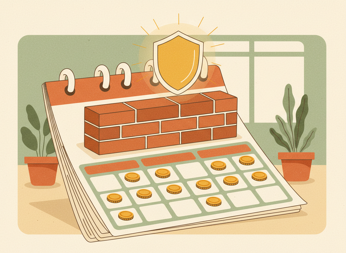 A textured flat illustration in a warm, cozy editorial style. A sturdy brick firewall shape sits on a simple subscription calendar page instead of a heavy crate, with small coins sliding smoothly and evenly across the calendar squares month by month instead of piling up all at once, and a soft shield glowing gently above the wall. Style: Simplified, stylized forms with minimal detail. Soft organic grain texture. Muted autumnal color palette (warm yellows, oranges, browns, sage greens, cream backgrounds). Single soft light source creating subtle shadows. Flat shapes with no 3D rendering. Thin consistent outlines. Mid-century modern illustration influence. Composition: Clear focal point, balanced layout, environmental details rendered simply. Generous negative space. 16:9 landscape. Mood: Calm, warm, relatable, editorial, lifestyle. Technical: High resolution, matte finish, no harsh gradients. No text, no logos, no recognisable faces.