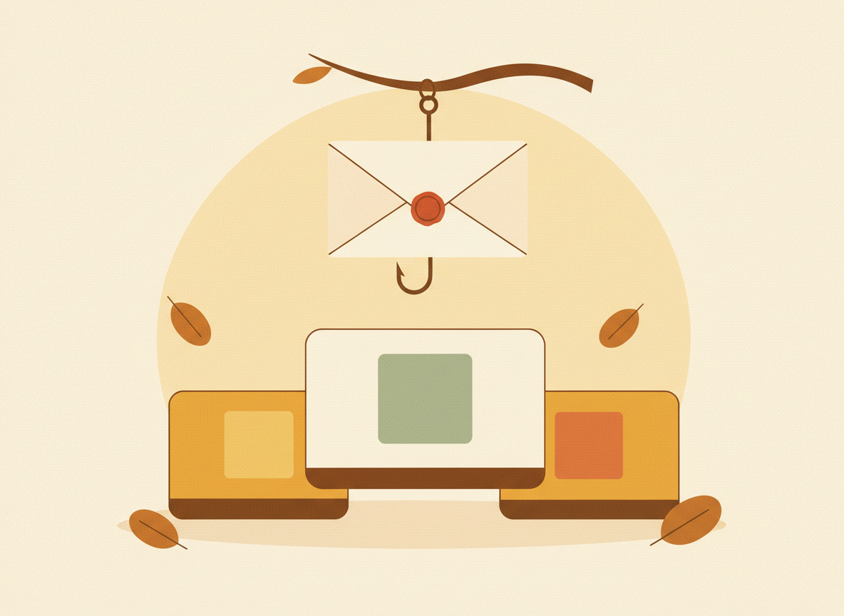 A textured flat illustration in a warm, cozy editorial style. A fishing hook disguised as a plain envelope dangles above a small cluster of simple computer-screen shapes, each screen showing a faint generic app-icon square, suggesting familiar brands being imitated. Style: Simplified, stylized forms with minimal detail. Soft organic grain texture. Muted autumnal color palette (warm yellows, oranges, browns, sage greens, cream backgrounds). Single soft light source creating subtle shadows. Flat shapes with no 3D rendering. Thin consistent outlines. Mid-century modern illustration influence. Composition: Clear focal point, balanced layout, environmental details rendered simply. Generous negative space. 16:9 landscape. Mood: Calm, warm, relatable, editorial, lifestyle. Technical: High resolution, matte finish, no harsh gradients. No text, no logos, no recognisable faces.