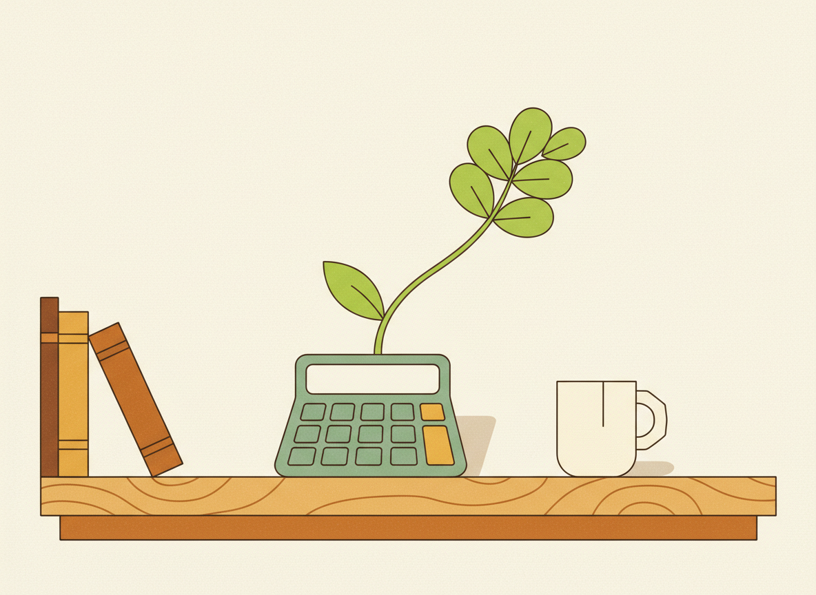 A textured flat illustration in a warm, cozy editorial style. A simple desk holds a small calculator from which a tiny green sprout grows upward, its leaves unfurling like a line on a rising chart, suggesting everyday efficiency quietly turning into growth. Style: Simplified, stylized forms with minimal detail. Soft organic grain texture. Muted autumnal color palette (warm yellows, oranges, browns, sage greens, cream backgrounds). Single soft light source creating subtle shadows. Flat shapes with no 3D rendering. Thin consistent outlines. Mid-century modern illustration influence. Composition: Clear focal point, balanced layout, environmental details rendered simply. Generous negative space. 16:9 landscape. Mood: Calm, warm, relatable, editorial, lifestyle. Technical: High resolution, matte finish, no harsh gradients. No text, no logos, no recognisable faces.