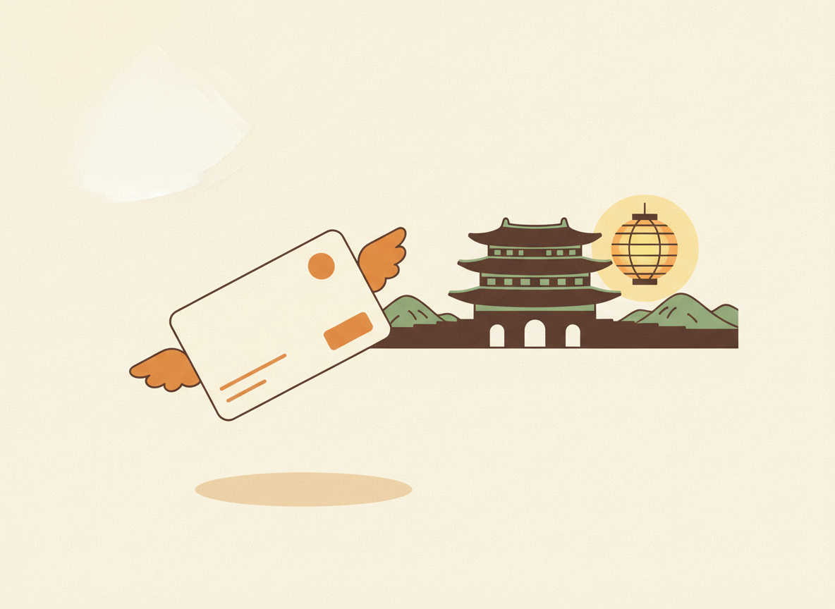 A textured flat illustration in a warm, cozy editorial style. A single travel card with small simple wings flies gently toward a stylised Korean palace gate silhouette and a round paper lantern in the distance. Style: Simplified, stylized forms with minimal detail. Soft organic grain texture. Muted autumnal color palette (warm yellows, oranges, browns, sage greens, cream backgrounds). Single soft light source creating subtle shadows. Flat shapes with no 3D rendering. Thin consistent outlines. Mid-century modern illustration influence. Composition: Clear focal point, balanced layout, environmental details rendered simply. Generous negative space. 16:9 landscape. Mood: Calm, warm, relatable, editorial, lifestyle. Technical: High resolution, matte finish, no harsh gradients. No text, no logos, no recognisable faces.