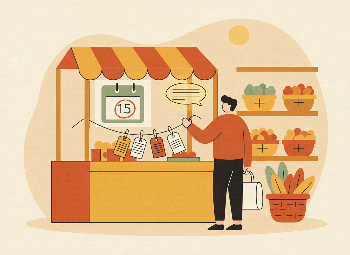 A textured flat illustration in a warm, cozy editorial style. A single shopper stands at a small market stall comparing several price-tag cards hanging from a string; one card glows softly like a chat bubble to suggest an AI recommendation, while a wall calendar behind the stall shows one date circled. Style: Simplified, stylized forms with minimal detail. Soft organic grain texture. Muted autumnal color palette (warm yellows, oranges, browns, sage greens, cream backgrounds). Single soft light source creating subtle shadows. Flat shapes with no 3D rendering. Thin consistent outlines. Mid-century modern illustration influence. Composition: Clear focal point, balanced layout, environmental details rendered simply. Generous negative space. 16:9 landscape. Mood: Calm, warm, relatable, editorial, lifestyle. Technical: High resolution, matte finish, no harsh gradients. No text, no logos, no recognisable faces.