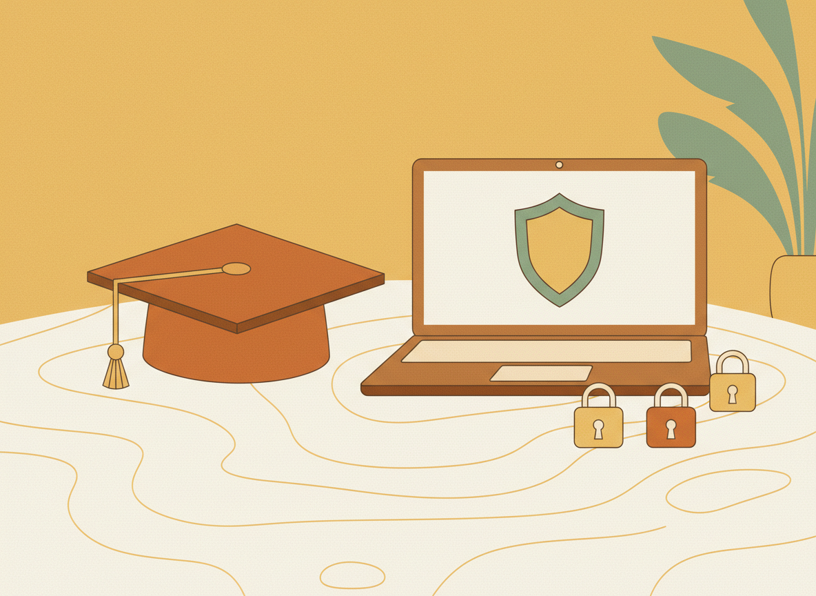 A textured flat illustration in a warm, cozy editorial style. A simple graduation cap rests beside an open laptop showing a stylised shield icon on its screen, with a few small padlock shapes arranged neatly on the desk nearby. Style: Simplified, stylized forms with minimal detail. Soft organic grain texture. Muted autumnal color palette (warm yellows, oranges, browns, sage greens, cream backgrounds). Single soft light source creating subtle shadows. Flat shapes with no 3D rendering. Thin consistent outlines. Mid-century modern illustration influence. Composition: Clear focal point, balanced layout, environmental details rendered simply. Generous negative space. 16:9 landscape. Mood: Calm, warm, relatable, editorial, lifestyle. Technical: High resolution, matte finish, no harsh gradients. No text, no logos, no recognisable faces.
