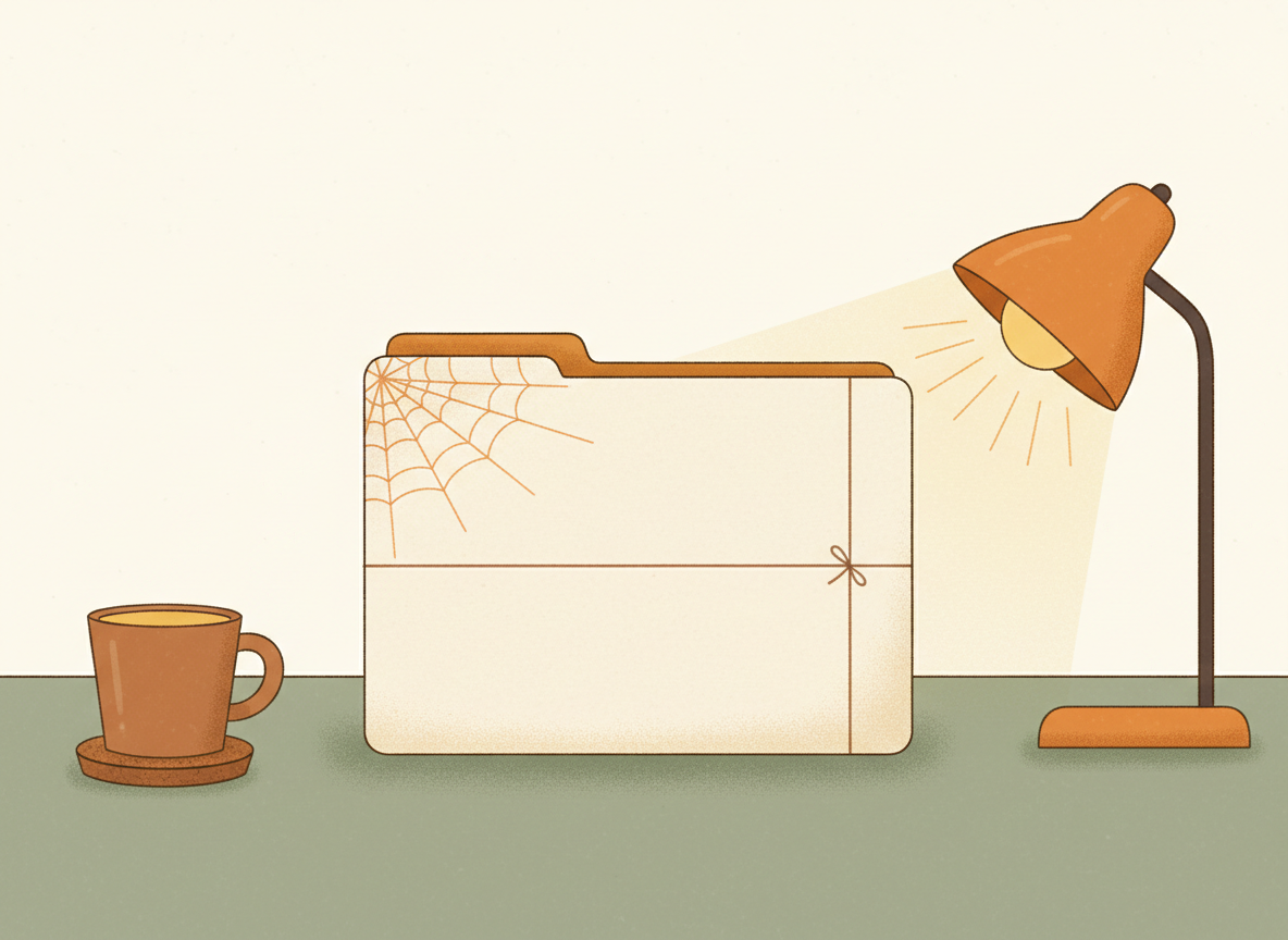 A textured flat illustration in a warm, cozy editorial style. A single closed legal folder tied with string sits on a desk, with a faint spider-web pattern creeping across one corner of the folder as its sole shadow. Style: Simplified, stylized forms with minimal detail. Soft organic grain texture. Muted autumnal color palette (warm yellows, oranges, browns, sage greens, cream backgrounds). Single soft light source creating subtle shadows. Flat shapes with no 3D rendering. Thin consistent outlines. Mid-century modern illustration influence. Composition: Clear focal point, balanced layout, environmental details rendered simply. Generous negative space. 16:9 landscape. Mood: Calm, warm, relatable, editorial, lifestyle. Technical: High resolution, matte finish, no harsh gradients. No text, no logos, no recognisable faces.