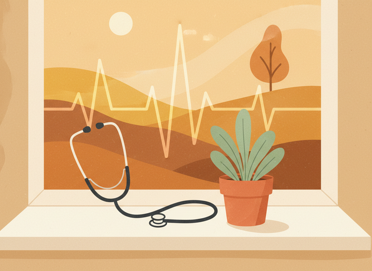 A textured flat illustration in a warm, cozy editorial style. A simple stethoscope rests coiled beside a small potted plant on a windowsill, with a softly glowing pulse-line pattern etched faintly into the windowpane behind them. Style: Simplified, stylized forms with minimal detail. Soft organic grain texture. Muted autumnal color palette (warm yellows, oranges, browns, sage greens, cream backgrounds). Single soft light source creating subtle shadows. Flat shapes with no 3D rendering. Thin consistent outlines. Mid-century modern illustration influence. Composition: Clear focal point, balanced layout, environmental details rendered simply. Generous negative space. 16:9 landscape. Mood: Calm, warm, relatable, editorial, lifestyle. Technical: High resolution, matte finish, no harsh gradients. No text, no logos, no recognisable faces.
