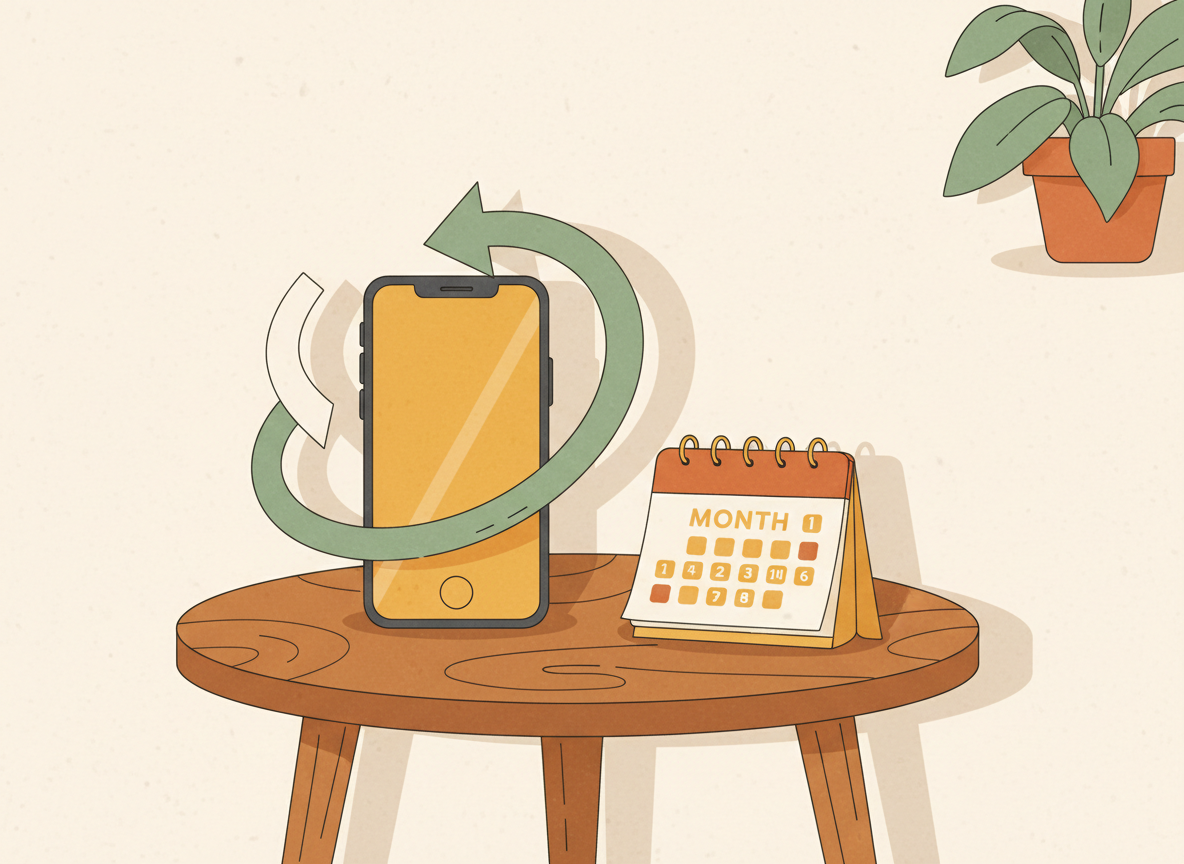 A textured flat illustration in a warm, cozy editorial style. A smartphone shown mid-transformation into a new model via a gentle swirling arrow loop, resting on a small side table beside a rotating calendar marked with six months, suggesting renewal and flexible cycles. Style: Simplified, stylized forms with minimal detail. Soft organic grain texture. Muted autumnal color palette (warm yellows, oranges, browns, sage greens, cream backgrounds). Single soft light source creating subtle shadows. Flat shapes with no 3D rendering. Thin consistent outlines. Mid-century modern illustration influence. Composition: Clear focal point, balanced layout, environmental details rendered simply. Generous negative space. 16:9 landscape. Mood: Calm, warm, relatable, editorial, lifestyle. Technical: High resolution, matte finish, no harsh gradients. No text, no logos, no recognisable faces.