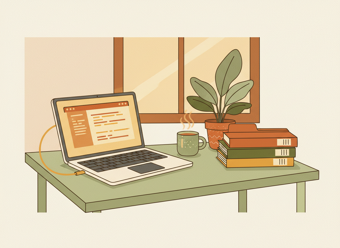 A textured flat illustration in a warm, cozy editorial style. A simple open laptop sits on a desk with a glowing terminal window on its screen, connected by a single thin cable to a neat stack of labelled file folders beside it. Style: Simplified, stylized forms with minimal detail. Soft organic grain texture. Muted autumnal color palette (warm yellows, oranges, browns, sage greens, cream backgrounds). Single soft light source creating subtle shadows. Flat shapes with no 3D rendering. Thin consistent outlines. Mid-century modern illustration influence. Composition: Clear focal point, balanced layout, environmental details rendered simply. Generous negative space. 16:9 landscape. Mood: Calm, warm, relatable, editorial, lifestyle. Technical: High resolution, matte finish, no harsh gradients. No text, no logos, no recognisable faces.