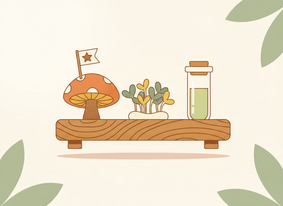 A textured flat illustration in a warm, cozy editorial style. A single wooden market tray holds a few simple stylised foods, a mushroom, a sprouting microgreen and a small test tube, arranged like exhibits, with a tiny flag on a toothpick in one as if marking first place. Style: Simplified, stylized forms with minimal detail. Soft organic grain texture. Muted autumnal color palette (warm yellows, oranges, browns, sage greens, cream backgrounds). Single soft light source creating subtle shadows. Flat shapes with no 3D rendering. Thin consistent outlines. Mid-century modern illustration influence. Composition: Clear focal point, balanced layout, environmental details rendered simply. Generous negative space. 16:9 landscape. Mood: Calm, warm, relatable, editorial, lifestyle. Technical: High resolution, matte finish, no harsh gradients. No text, no logos, no recognisable faces.