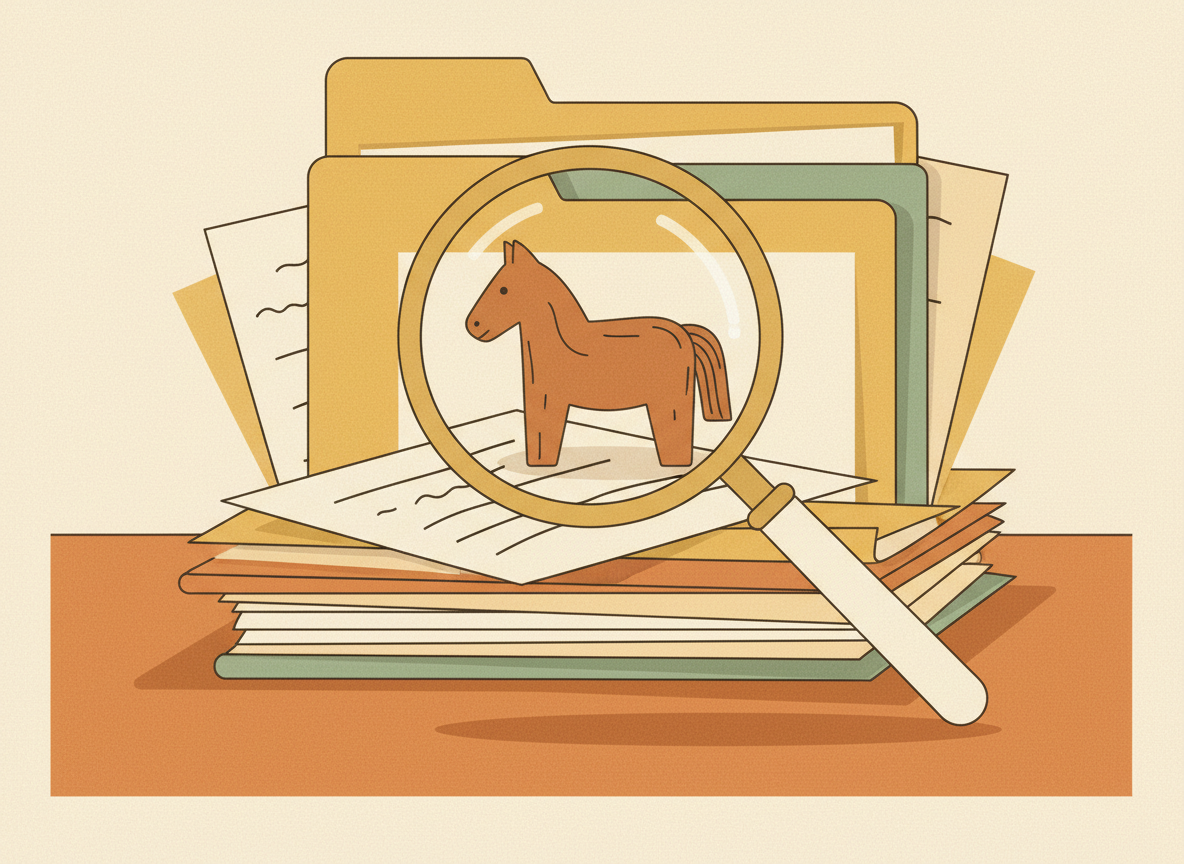 A textured flat illustration in a warm, cozy editorial style. A magnifying glass held over a small wooden horse figure tucked inside a stack of folders and papers, suggesting a hidden threat being uncovered. Style: Simplified, stylized forms with minimal detail. Soft organic grain texture. Muted autumnal color palette (warm yellows, oranges, browns, sage greens, cream backgrounds). Single soft light source creating subtle shadows. Flat shapes with no 3D rendering. Thin consistent outlines. Mid-century modern illustration influence. Composition: Clear focal point, balanced layout, environmental details rendered simply. Generous negative space. 16:9 landscape. Mood: Calm, warm, relatable, editorial, lifestyle. Technical: High resolution, matte finish, no harsh gradients. No text, no logos, no recognisable faces.