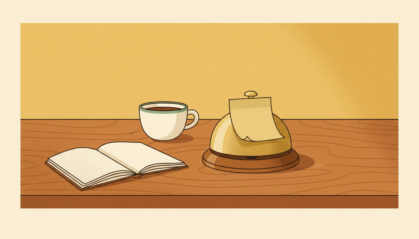 Flat illustration of a brass desk bell with a sticky note on a wooden desk beside an open notebook and coffee cup
