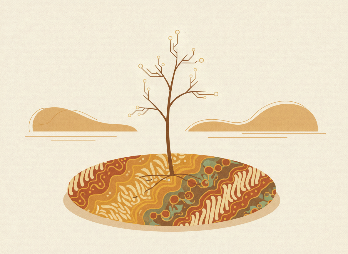 A textured flat illustration in a warm, cozy editorial style. A small sapling growing from a patch of ground patterned like woven batik cloth, its leaves rendered as simple circuit-line shapes, symbolising a locally grown AI model rooted in Indonesian culture and language. Style: Simplified, stylized forms with minimal detail. Soft organic grain texture. Muted autumnal color palette (warm yellows, oranges, browns, sage greens, cream backgrounds). Single soft light source creating subtle shadows. Flat shapes with no 3D rendering. Thin consistent outlines. Mid-century modern illustration influence. Composition: Clear focal point, balanced layout, environmental details rendered simply. Generous negative space. 16:9 landscape. Mood: Calm, warm, relatable, editorial, lifestyle. Technical: High resolution, matte finish, no harsh gradients. No text, no logos, no recognisable faces.