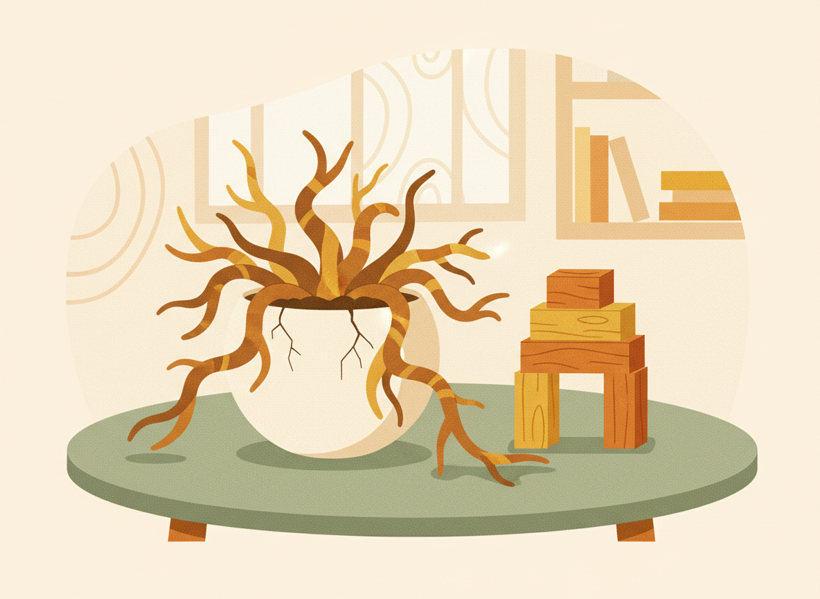 A textured flat illustration in a warm, cozy editorial style. A single potted plant with tangled roots breaking through a cracked ceramic pot, while a few of the roots reach toward a small stack of neatly arranged wooden blocks nearby, symbolising organisations struggling to modernise their technology foundations while new capabilities wait just out of reach. Style: Simplified, stylized forms with minimal detail. Soft organic grain texture. Muted autumnal color palette (warm yellows, oranges, browns, sage greens, cream backgrounds). Single soft light source creating subtle shadows. Flat shapes with no 3D rendering. Thin consistent outlines. Mid-century modern illustration influence. Composition: Clear focal point, balanced layout, environmental details rendered simply. Generous negative space. 16:9 landscape. Mood: Calm, warm, relatable, editorial, lifestyle. Technical: High resolution, matte finish, no harsh gradients. No text, no logos, no recognisable faces.